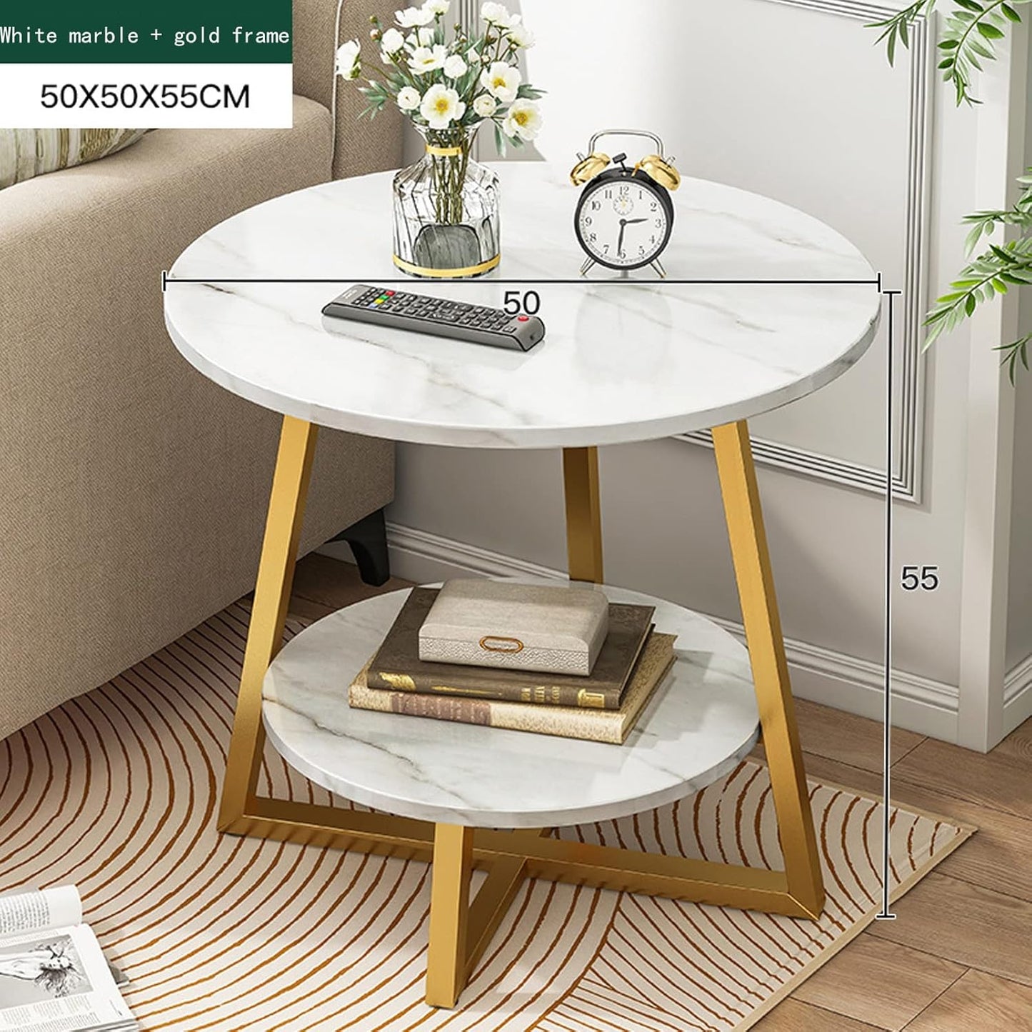 BNIB-Round 2-Tier Coffee Table/Side Table w/White Marble Pattern MDF Wood Top & Golden Metal Frame