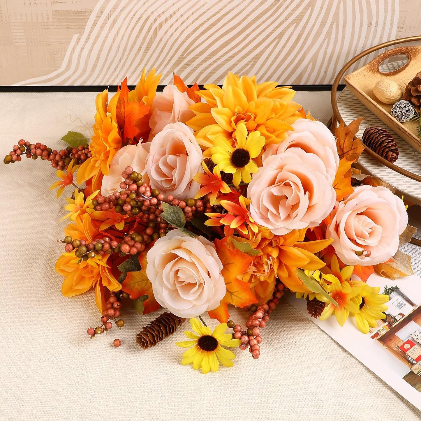 BNIB-2Pcs Large Artificial Fall Flowers,Thanksgiving Floral Arrangement with Berry and Maple Leaf Decoration