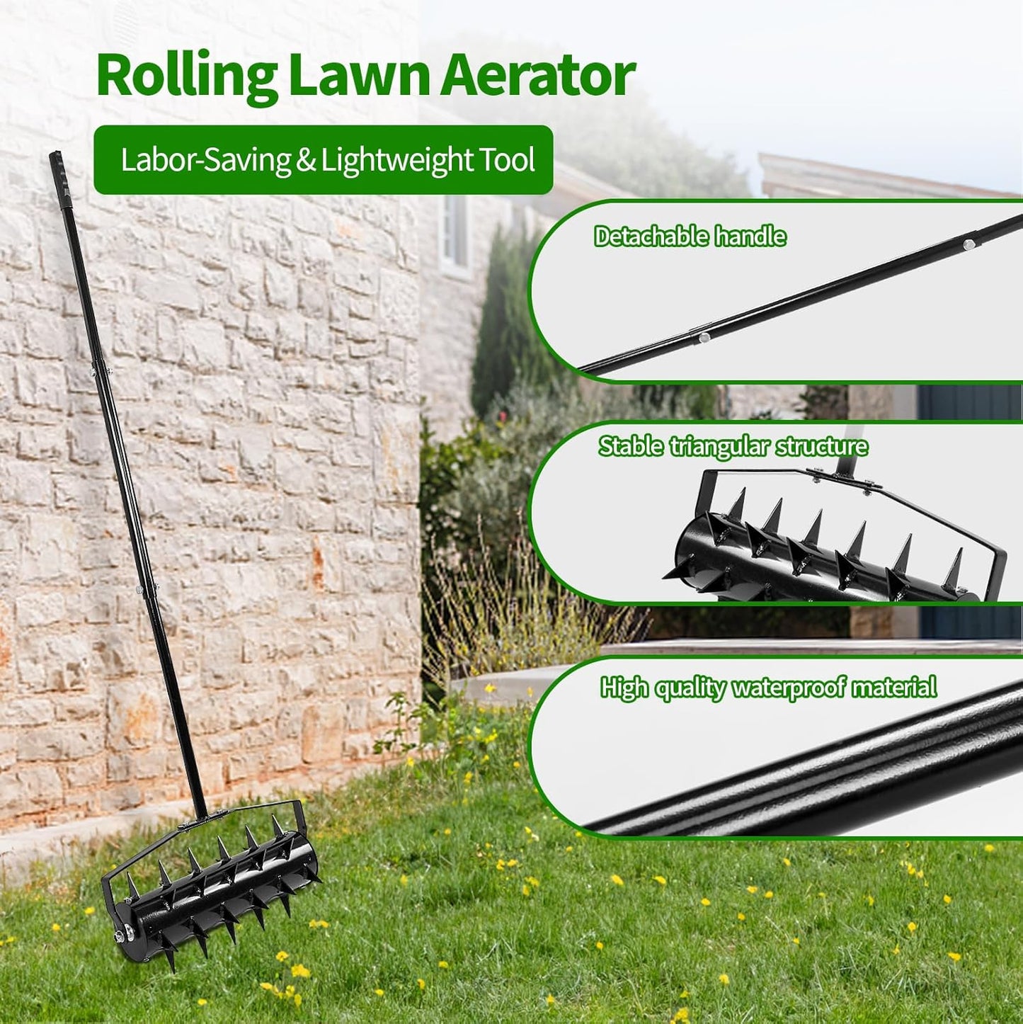 BNIB-Rolling Lawn Aerator, 18 Inch Manual Aerator Lawn Tool Aerator Lawn Soil Penetrator with 50 Inch Handle