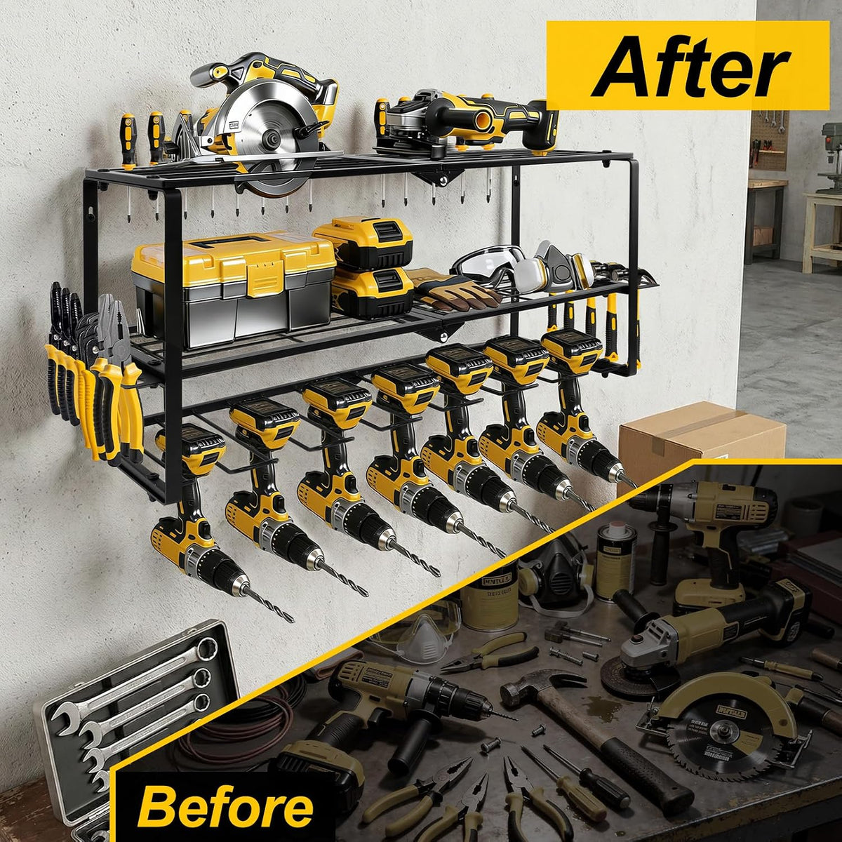 Brand New – 3-Tier Wall-Mounted Power Tool Organizer – 7 Drill Slots, Black -$30