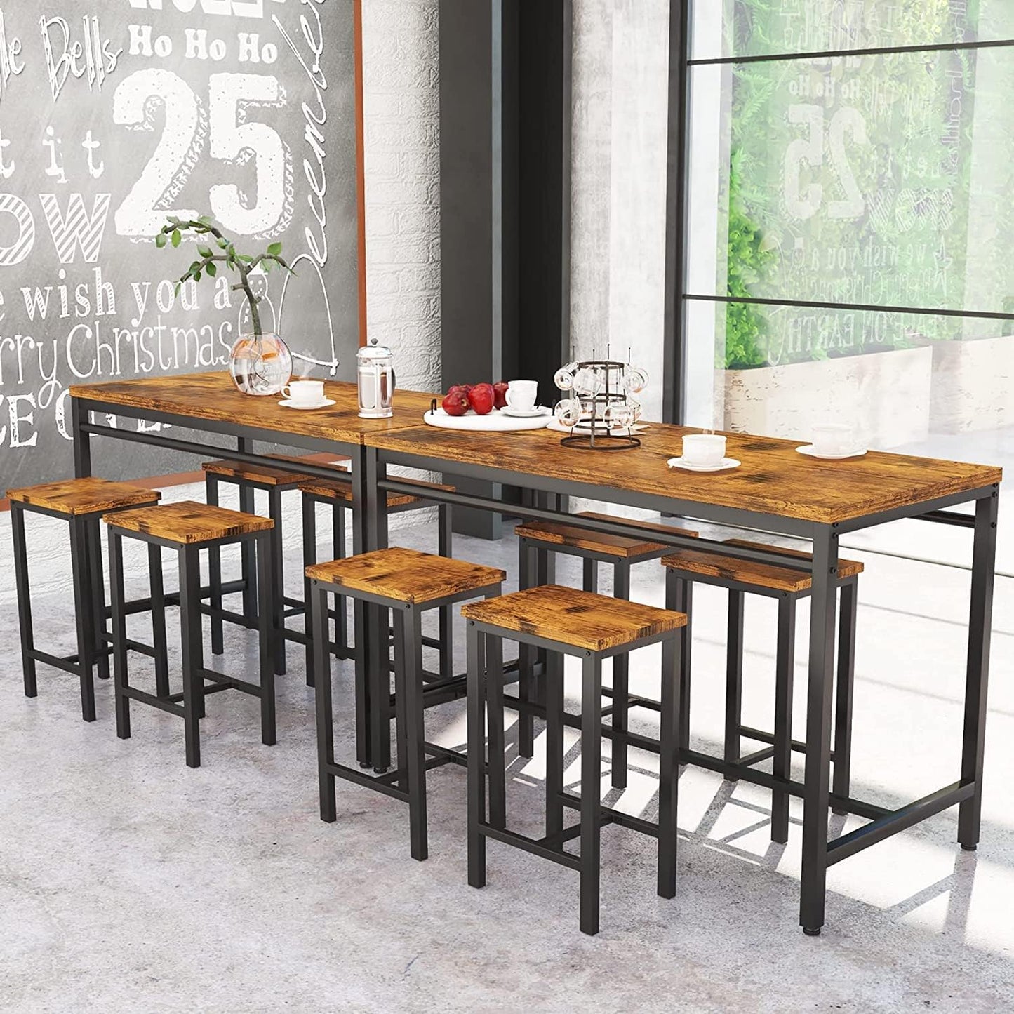 BINB-5-Piece Bar Table Set, Dining Table w/4 Square Stools, Ideal for Small Spaces (Rustic Brown)