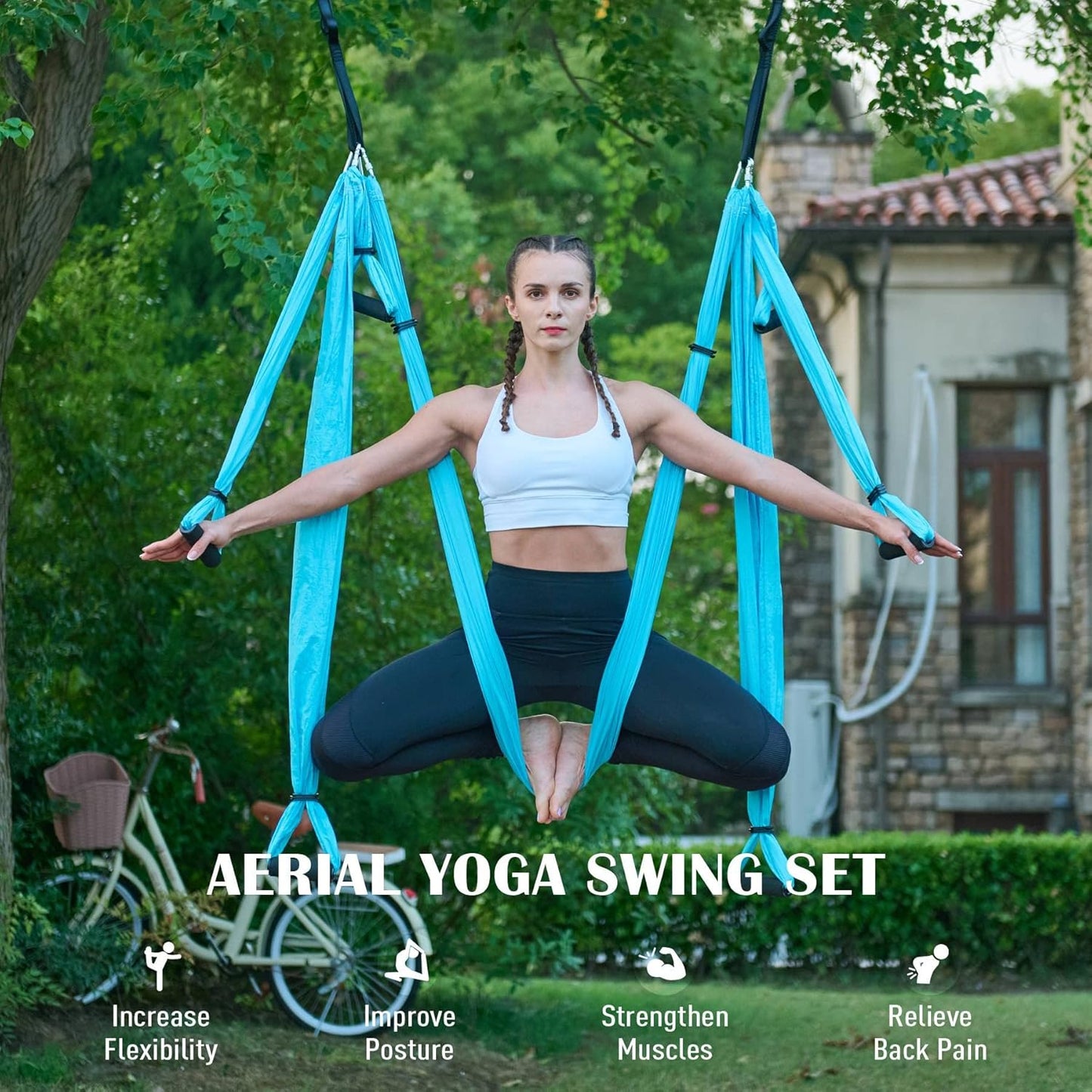 BNIB-Aerial Yoga Swing Sling Strong Yoga Hammock Kit Set with Ceiling Mounts & Daisy Chains (Blue Kit),-$50