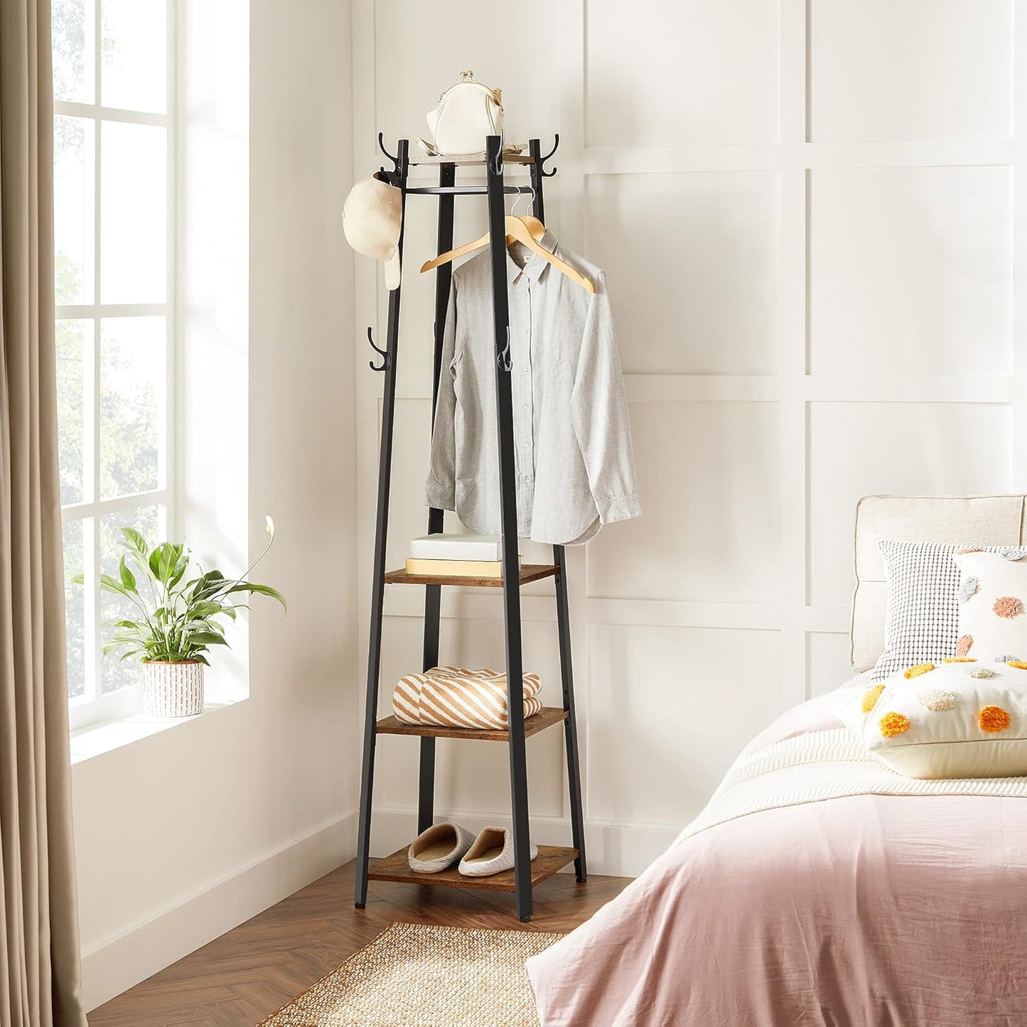 Brand New Assembled Coat Rack, Coat Stand with 3 Shelves, Hall Tree Free Standing with Hooks-$70