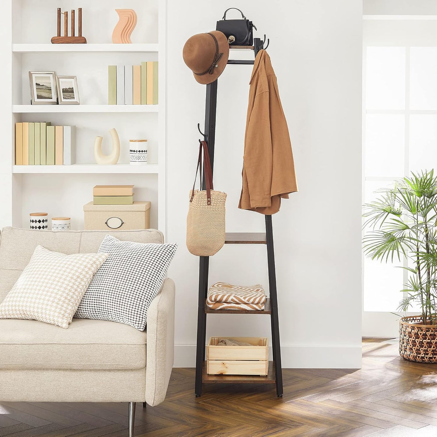 Brand New Assembled Coat Rack, Coat Stand with 3 Shelves, Hall Tree Free Standing with Hooks-$70