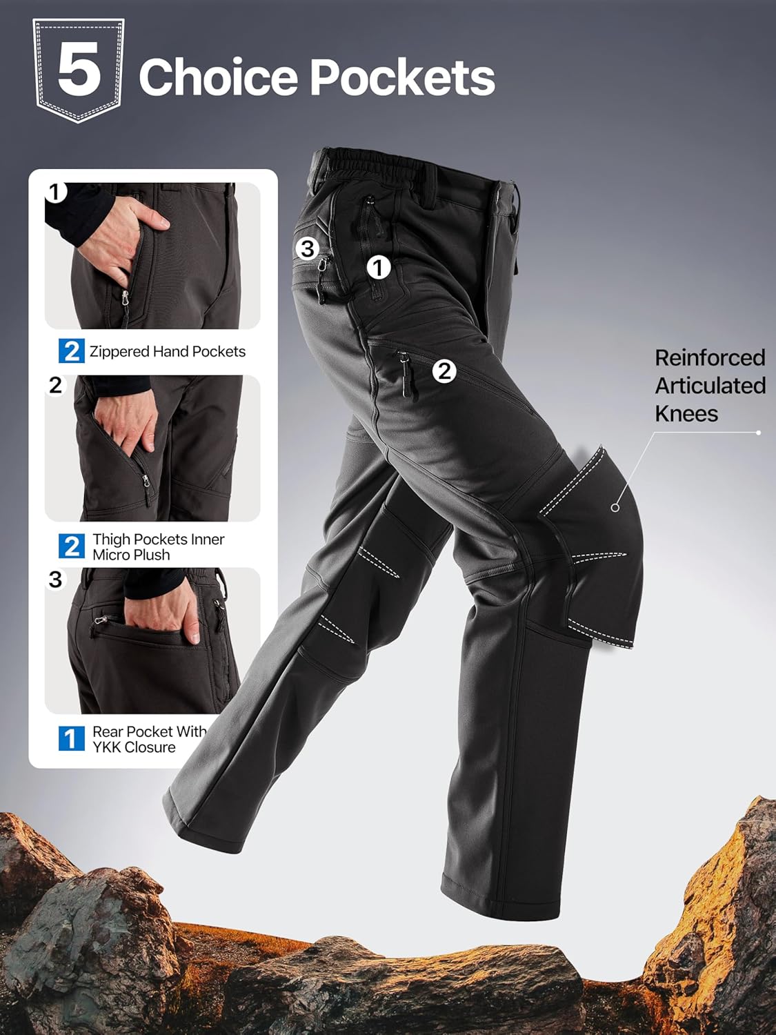 BNIB- REE SOLDIER Men's Fleece Lined Outdoor Cargo Hiking Pants Water Repellent Softshell Snow Ski Pants (black),-$35