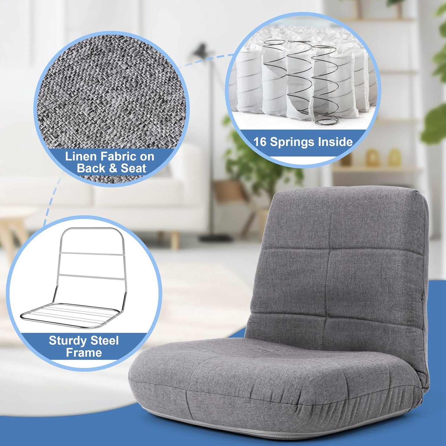 BINB-Products Easy Lounge, Adjustable Padded Floor Chair with Back Support, (Gray)