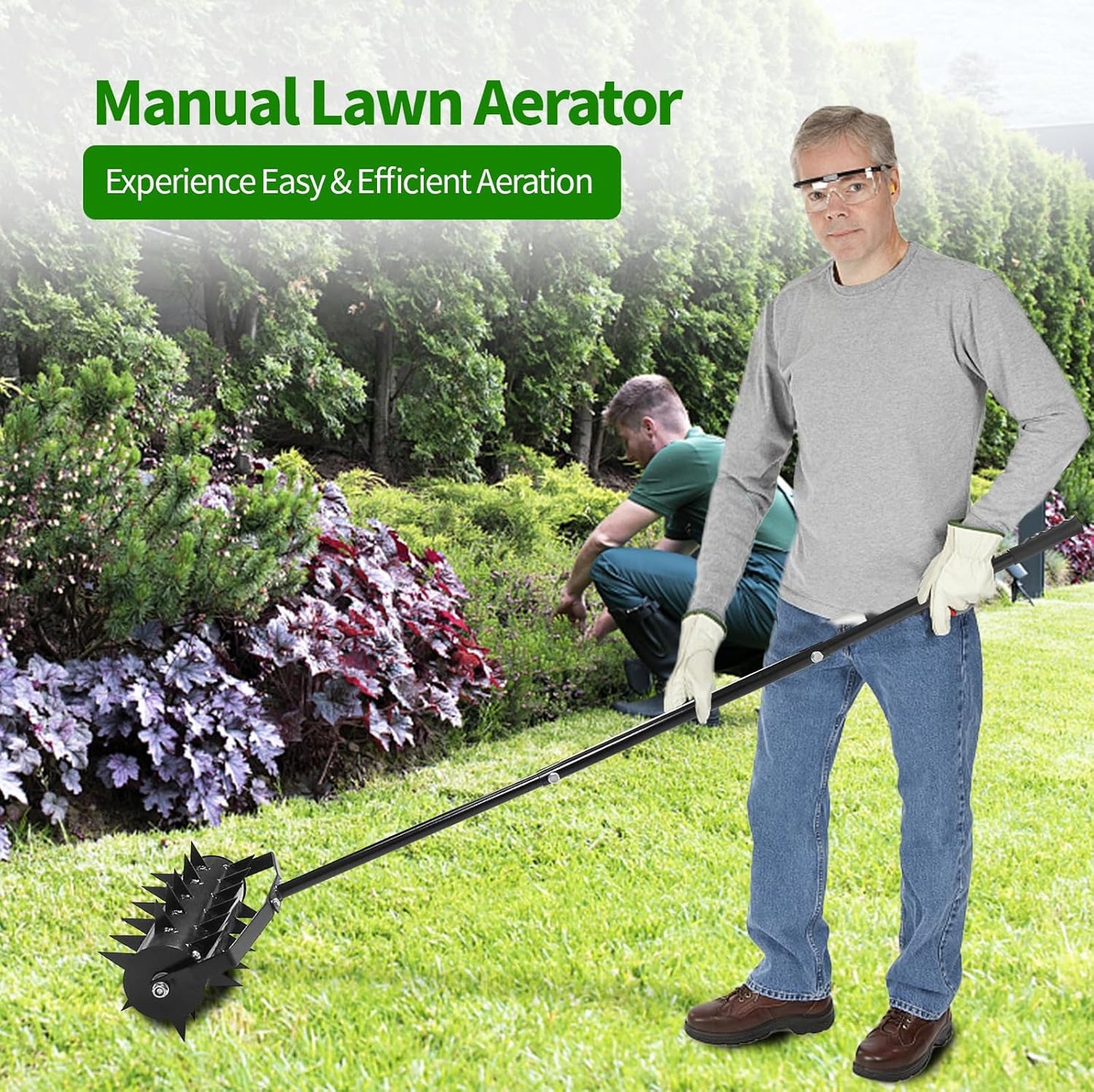 BNIB-Rolling Lawn Aerator, 18 Inch Manual Aerator Lawn Tool Aerator Lawn Soil Penetrator with 50 Inch Handle