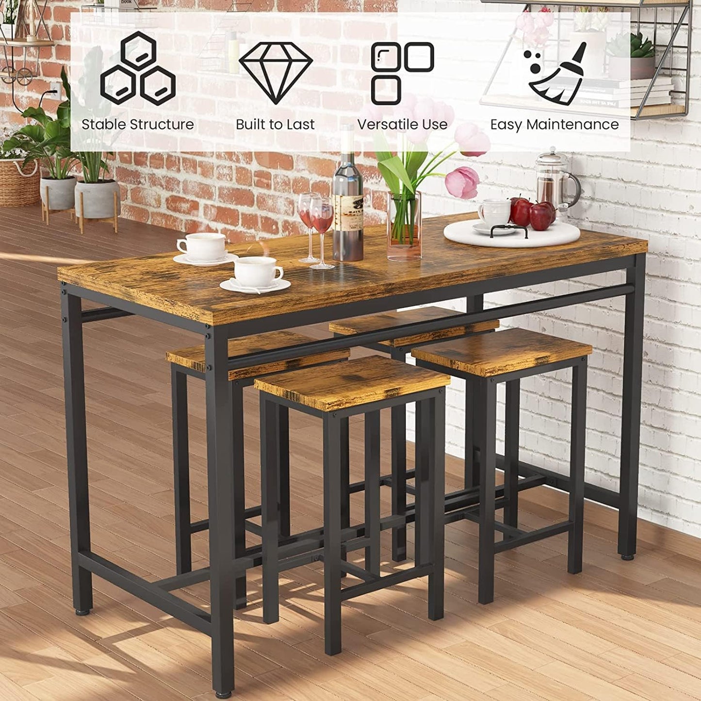 BINB-5-Piece Bar Table Set, Dining Table w/4 Square Stools, Ideal for Small Spaces (Rustic Brown)