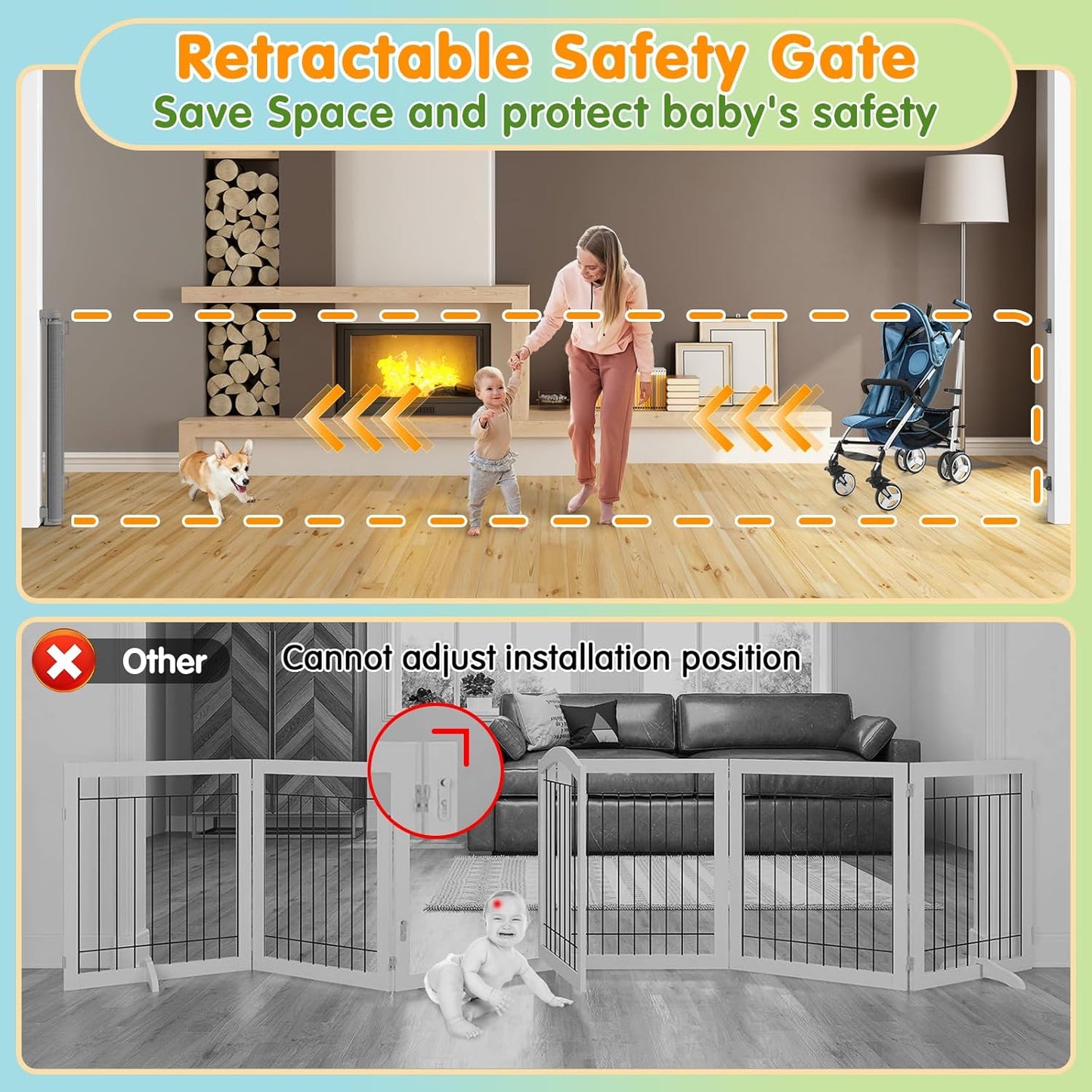 BNIB-200" Retractable Baby Gate Extra Wide, 34" Tall Mesh Baby Gate, Retractable Safety Gate,-$70