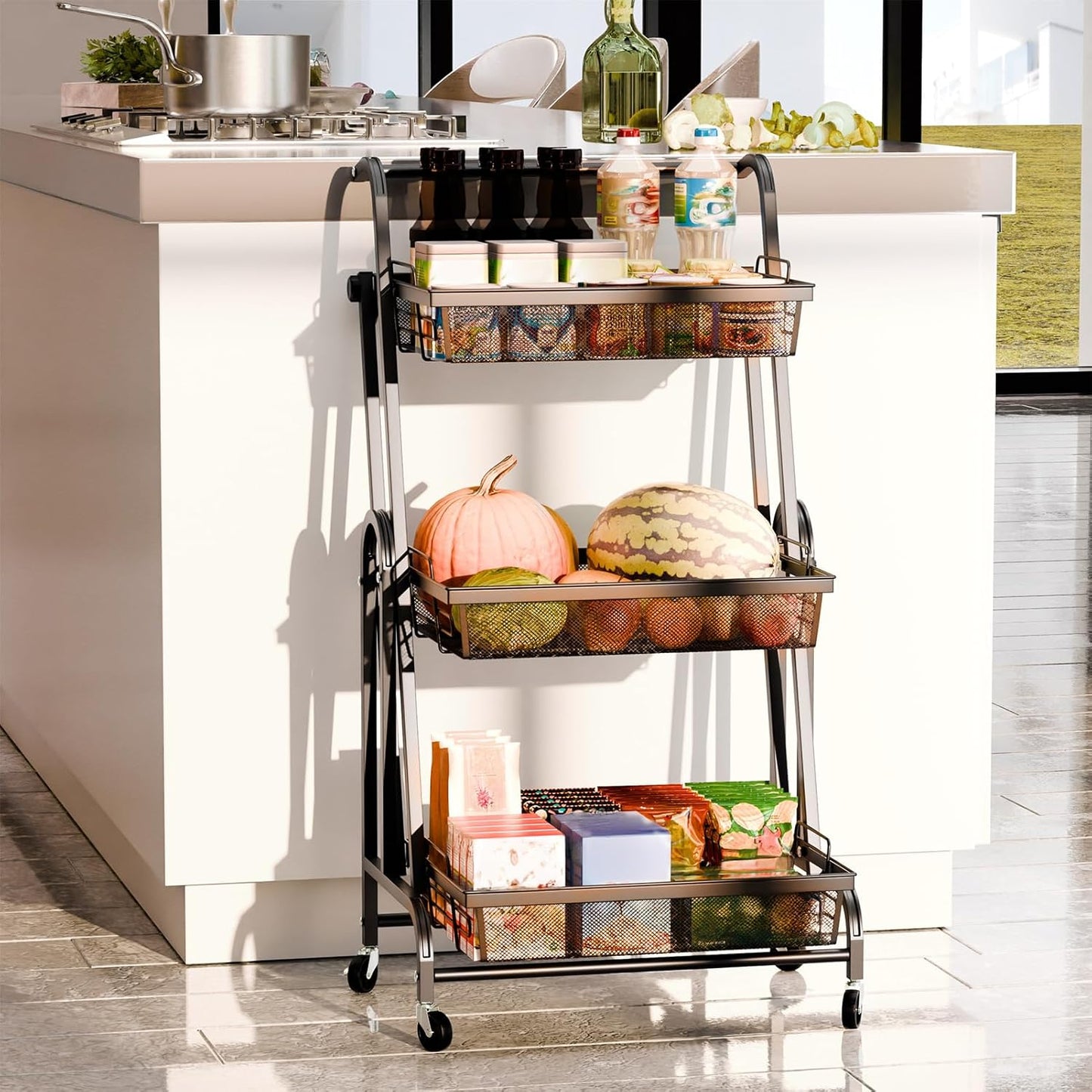 Brand New Assemble 3-Tier Foldable Metal Rolling Cart, Detachable Mesh Basket Utility Trolley,-$60