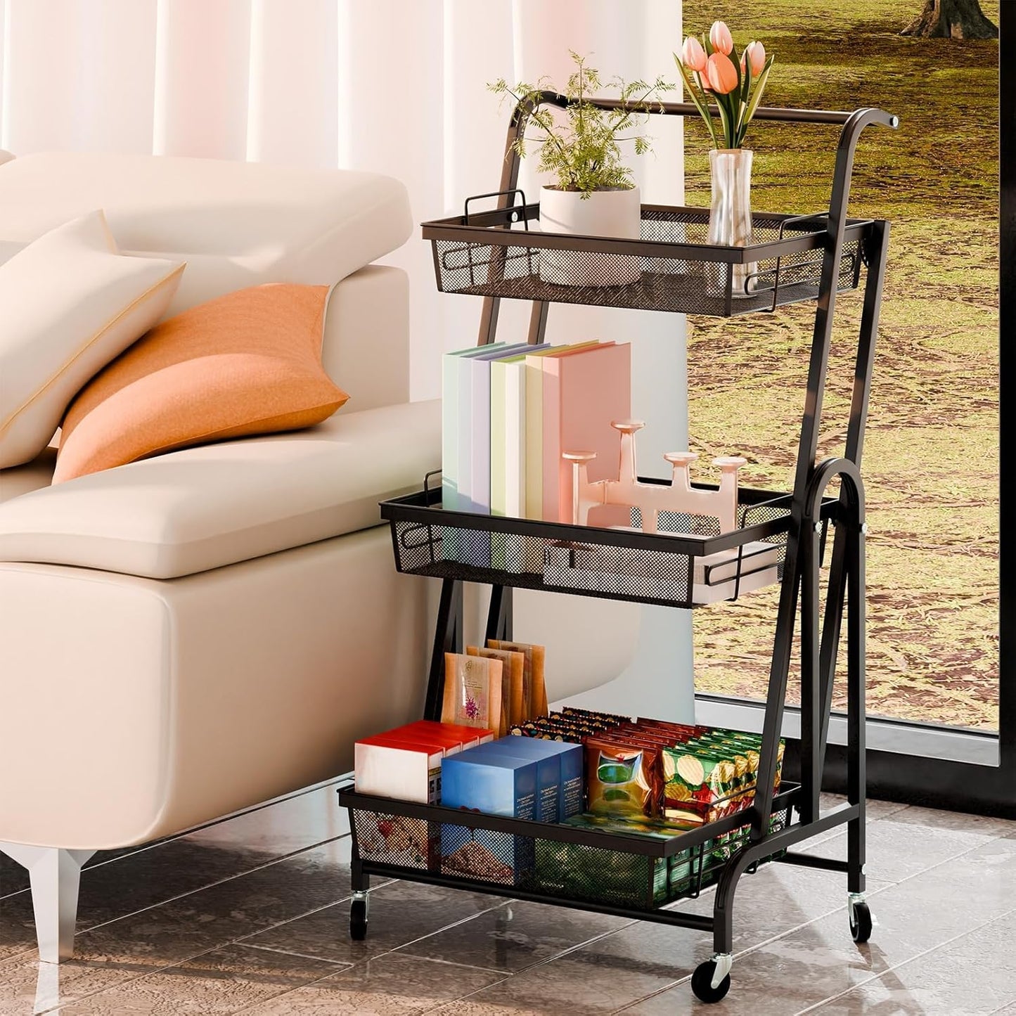 Brand New Assemble 3-Tier Foldable Metal Rolling Cart, Detachable Mesh Basket Utility Trolley,-$60