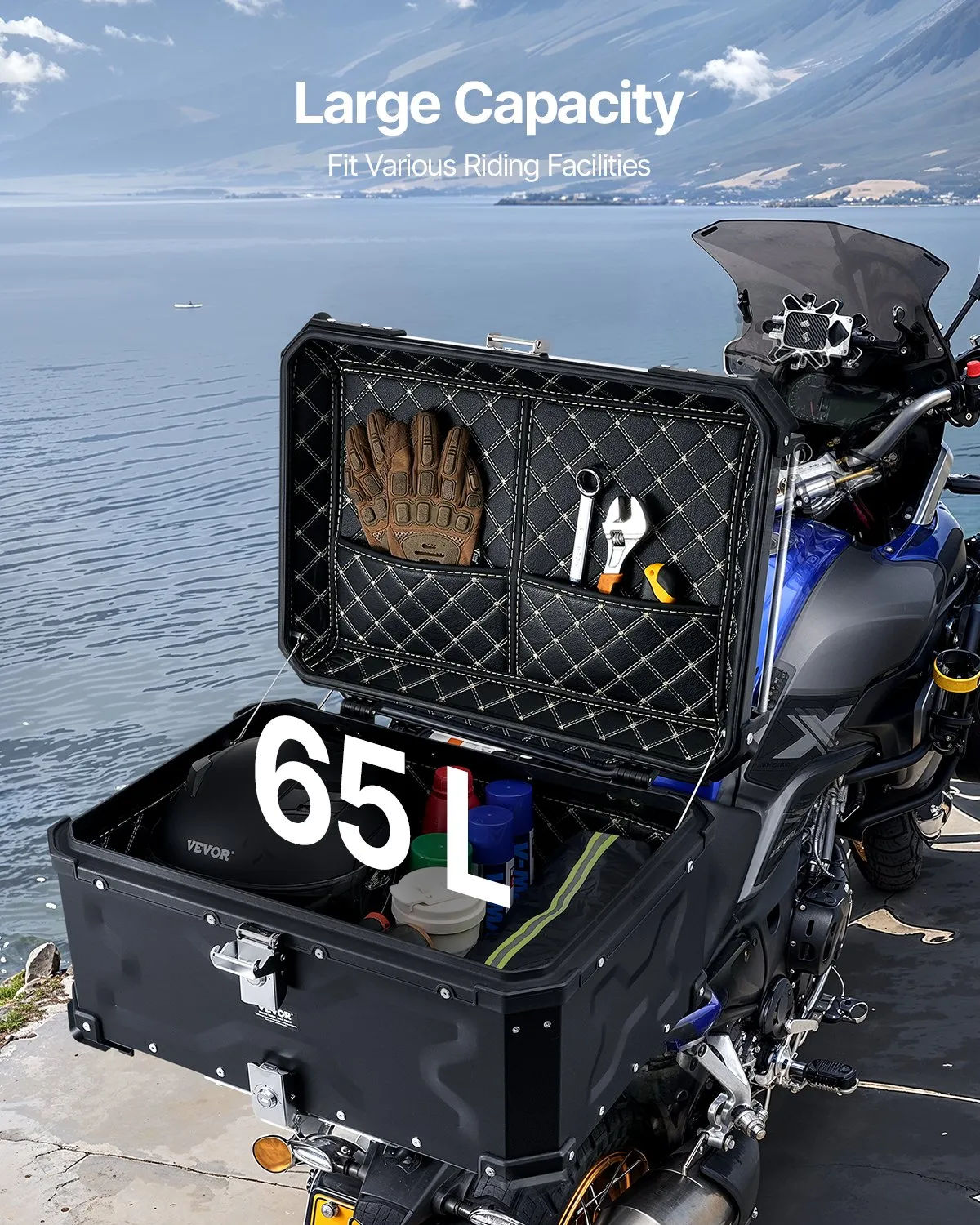 VEVOR Motorcycle Top Case, Universal Aluminum Alloy Motorbike Tail Box with Leather Lining,-$120