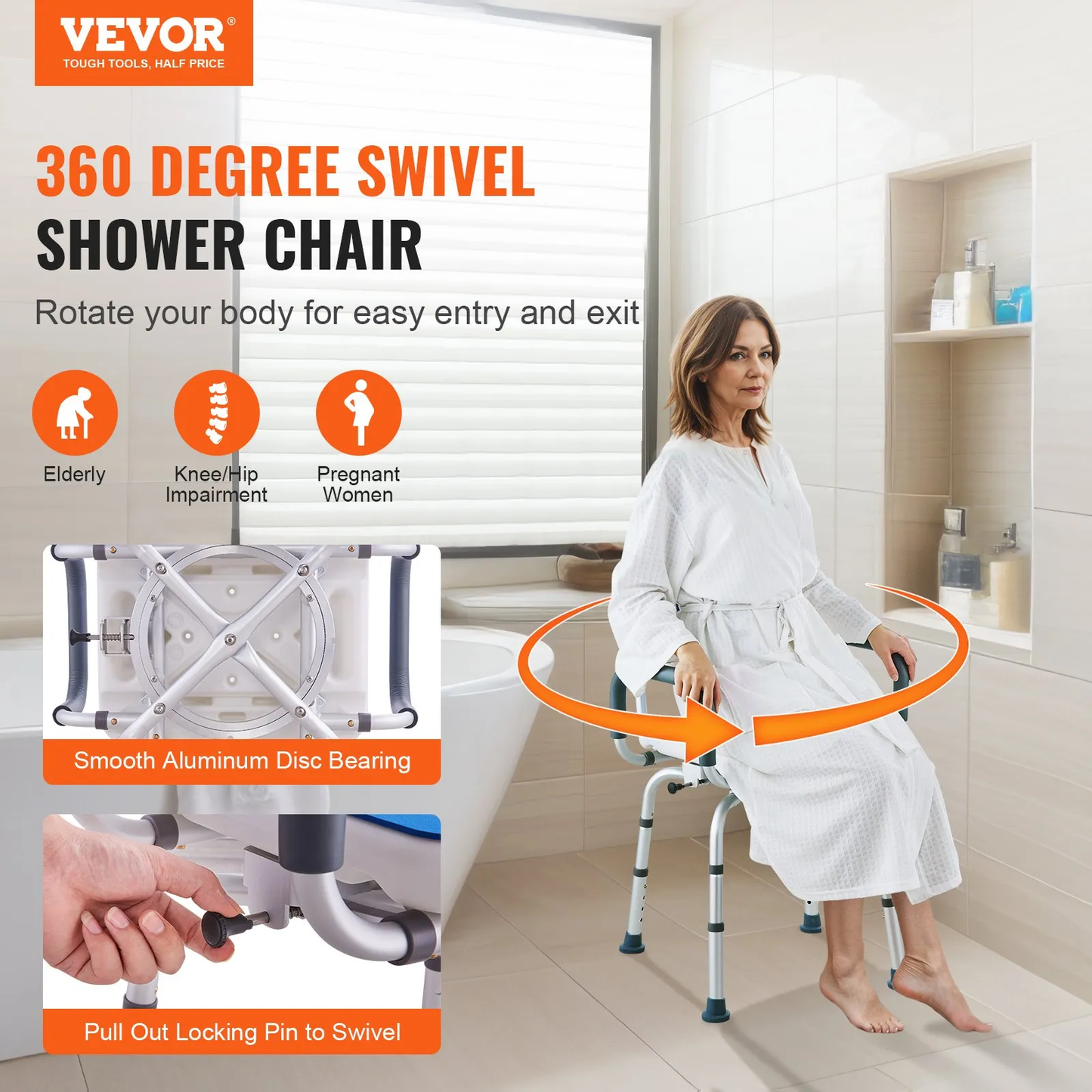 VEVOR Swivel Shower Chair 360 Degree, Adjustable Shower Seat with Armrests and Backrest,-$75