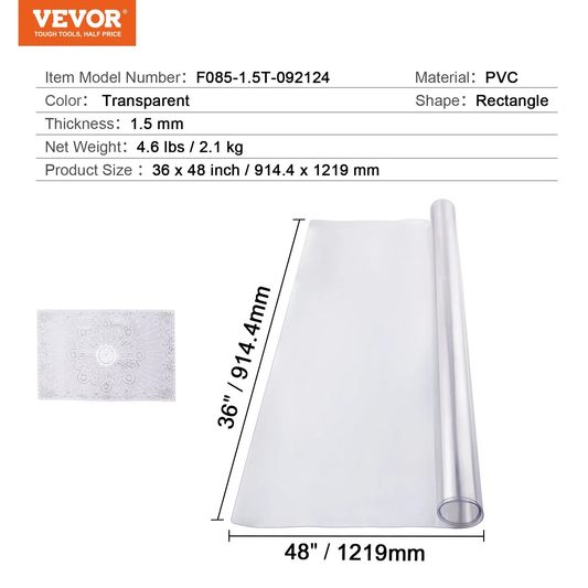VEVOR Plastic Table Cover, 36 x 48 Inch 1.5 mm Thick Clear Table Protector,-$15
