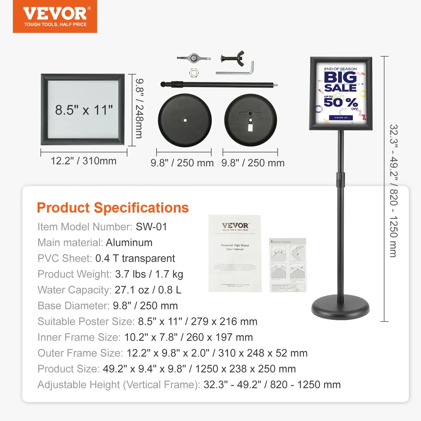 VEVOR Pedestal Sign Holder, 8.5 x 11 Inch Vertical and Horizontal Adjustable Poster Stand,-$20