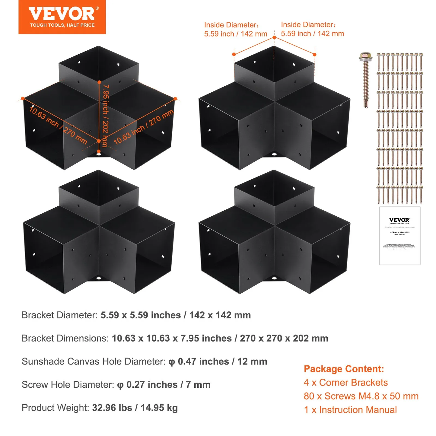 VEVOR Pergola Bracket Kit 6''x6''(Inner Size 5.6x5.6), 4pcs 3-Way Heavy Duty Corner Bracket,-$75