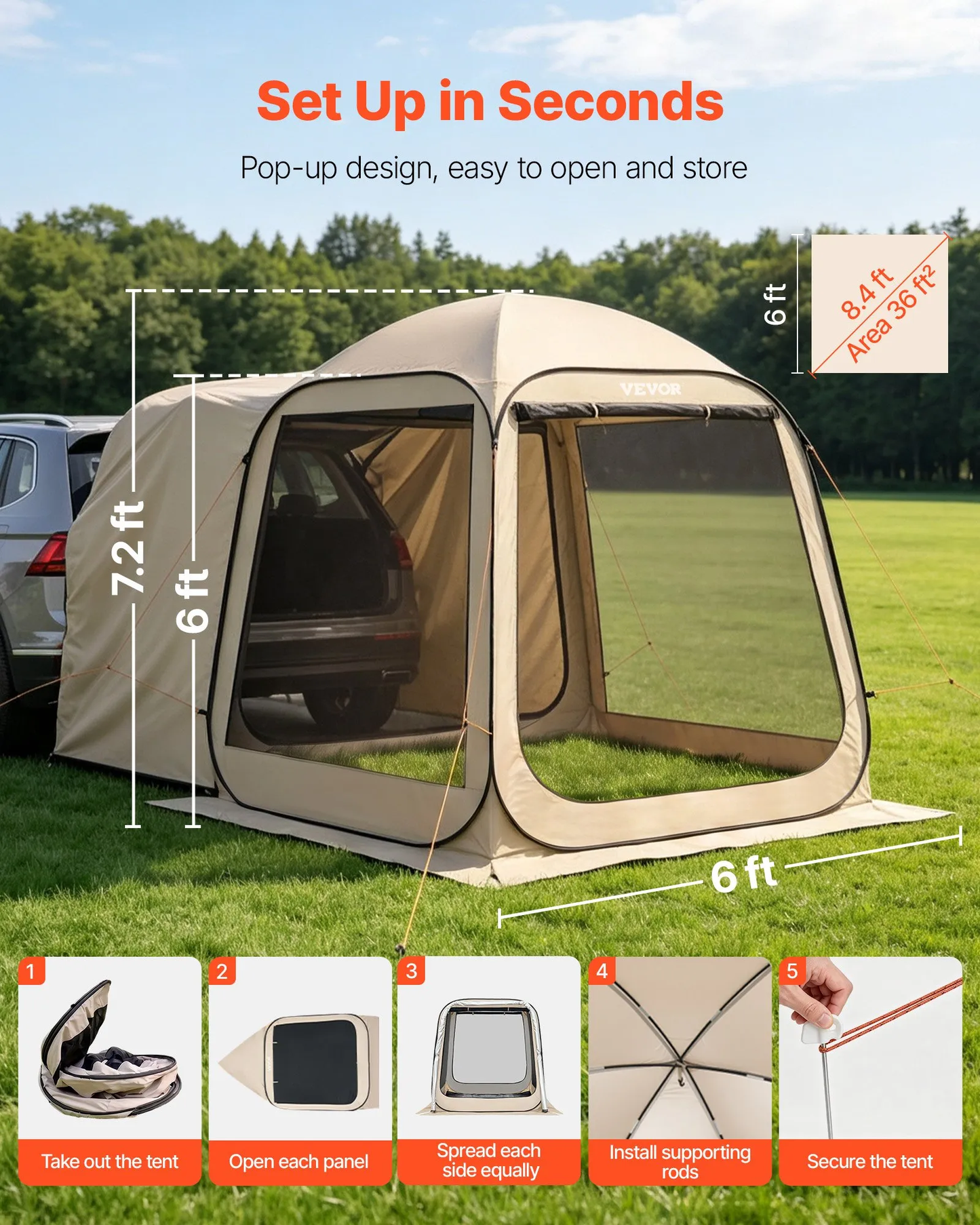 VEVOR Screen House Tent, 6 x 6 ft, 4-6 Person Pop Up SUV Tailgate Tent, Portable Screened,-$100