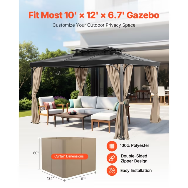 VEVOR Gazebo Privacy Curtain 12' x 10' x 6.7' Waterproof Gazebo Curtains Khaki,-$70
