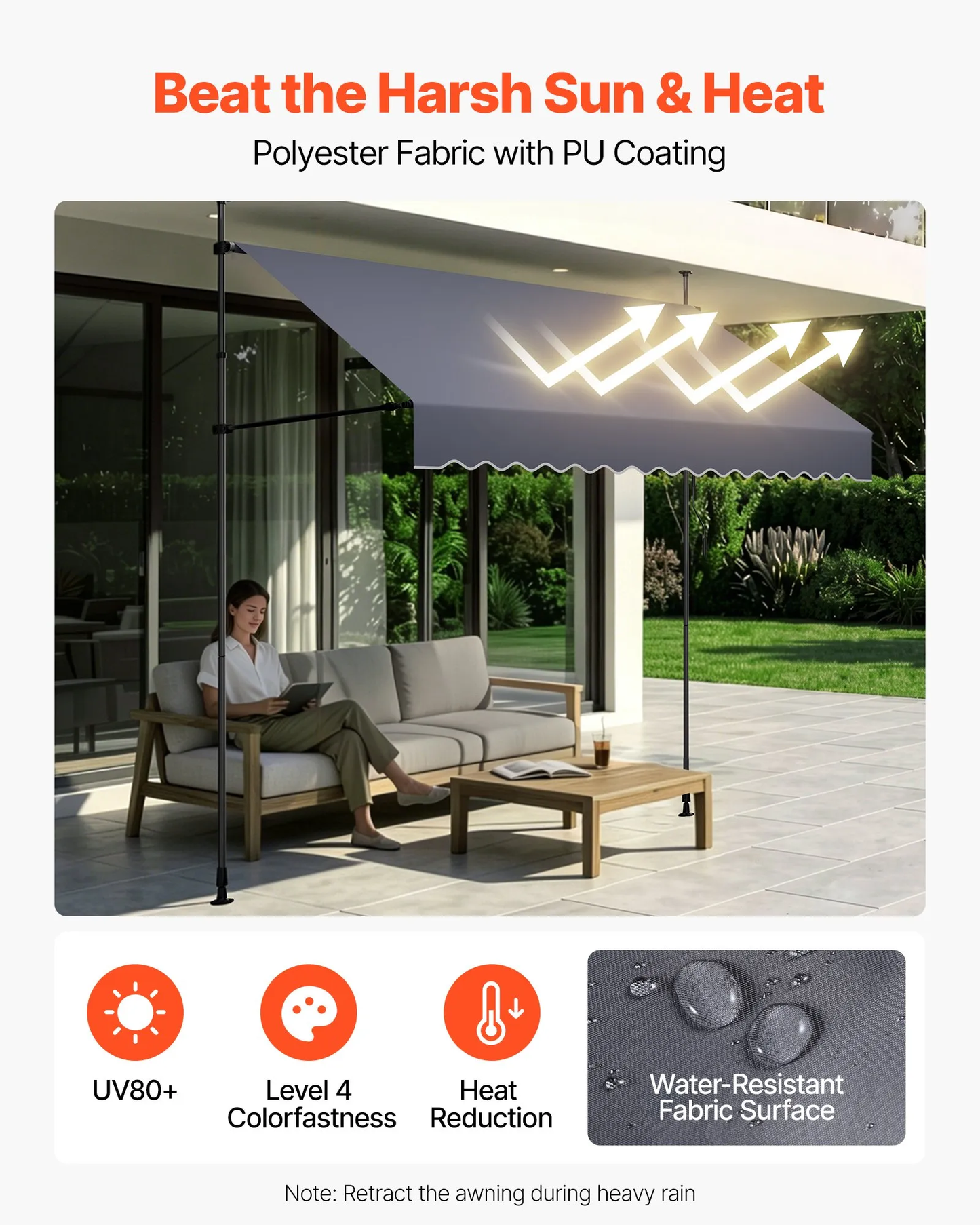 VEVOR Manual Retractable Awning, 118" Outdoor Retractable Patio Awning Sunshade Shelter,-$70