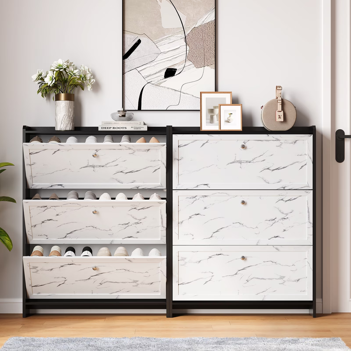 BNIB-Marble Textured 3-Tier Shoe Cabinet, Modern Wooden Shoe Organizer for Entryway,Hallway, -$120