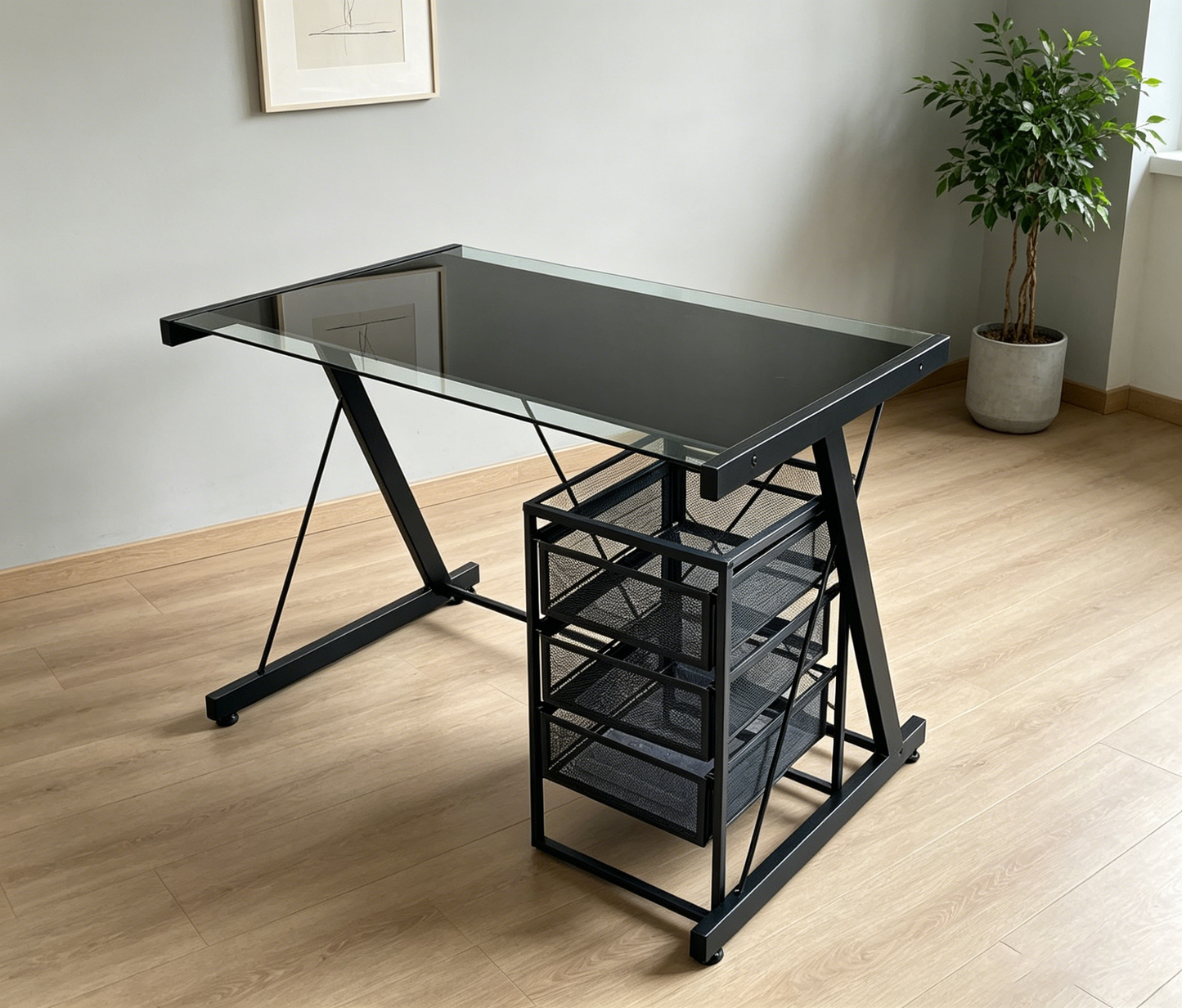 Brand New (Demo) Black Glass Top Desk with 3-Tier Mesh Drawer Unit,-$100