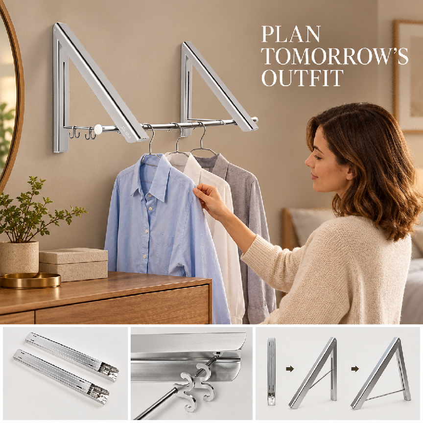 Folding Wall Mounted Clothes Hanger/Clothes Hanging System for Space Saving * 2 Packs