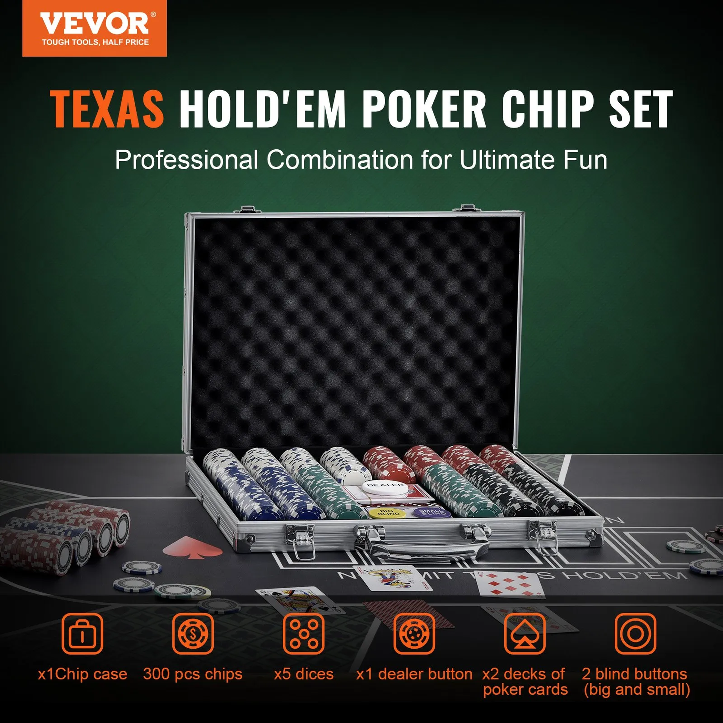 VEVOR Poker Chip Set, 300-Piece Poker Set, Complete Poker Playing Game Set with Aluminum Carrying Case,-$35