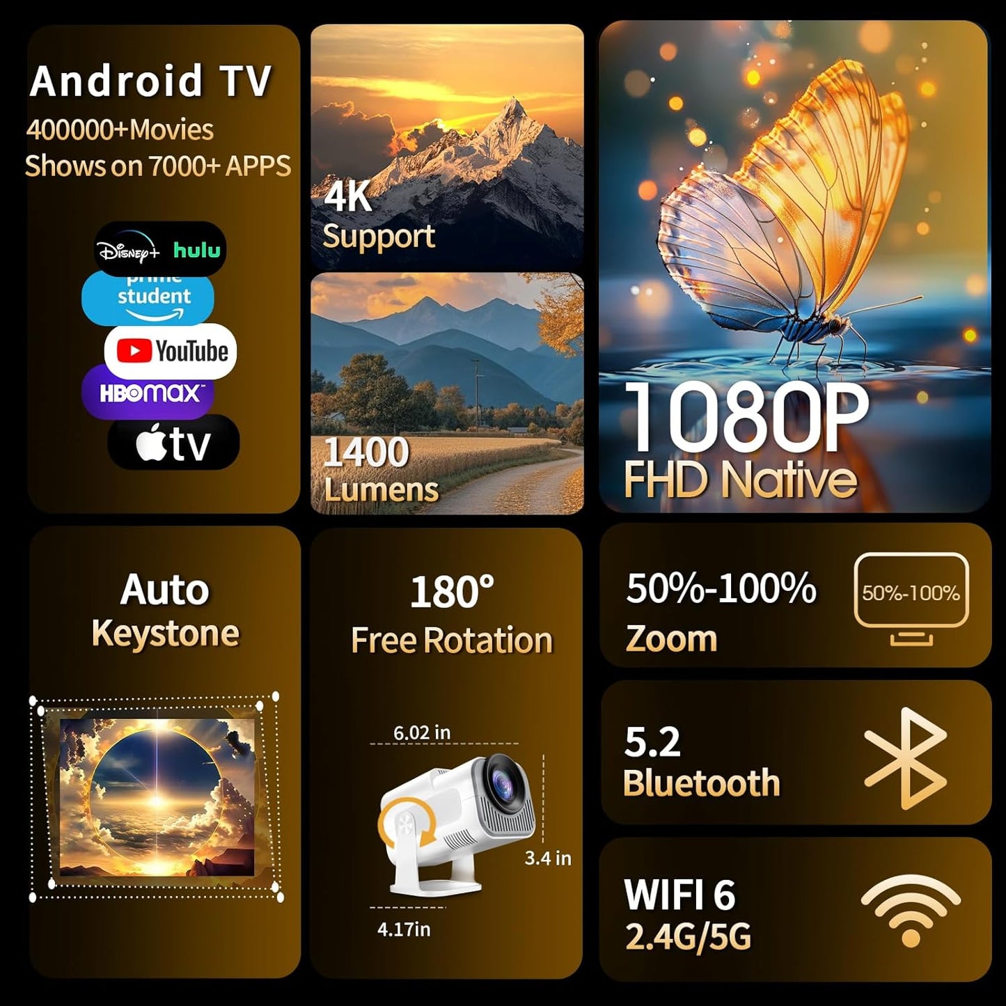 BNIB-[Built-in App] Mini Projector 1080P Full HD, 4K Projector with 180° Rotation, Portable Projector