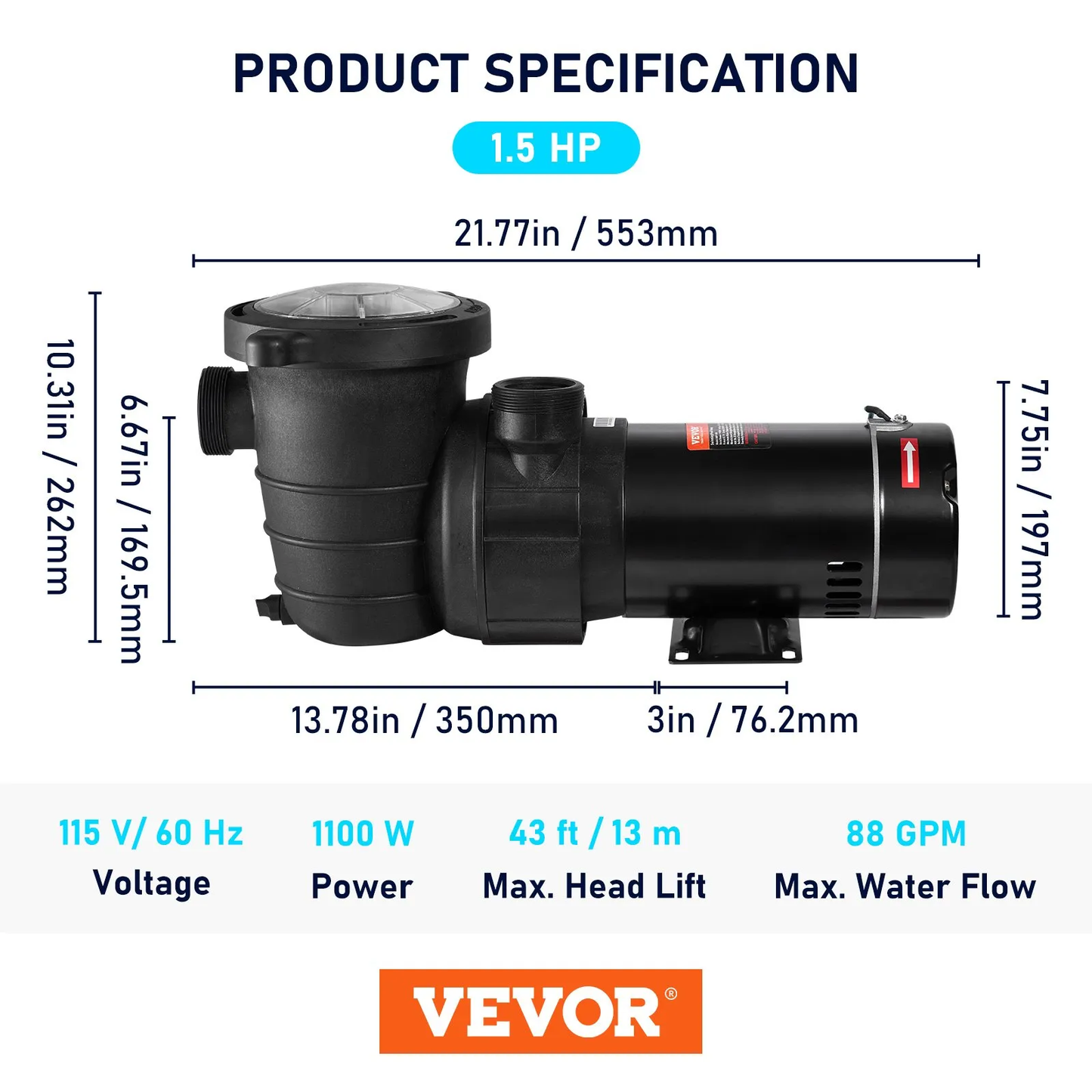 VEVOR Swimming Pool Pump, 1.5 HP 115 V, 1100 W Single Speed Pump for In/Above Ground Pool,-$120