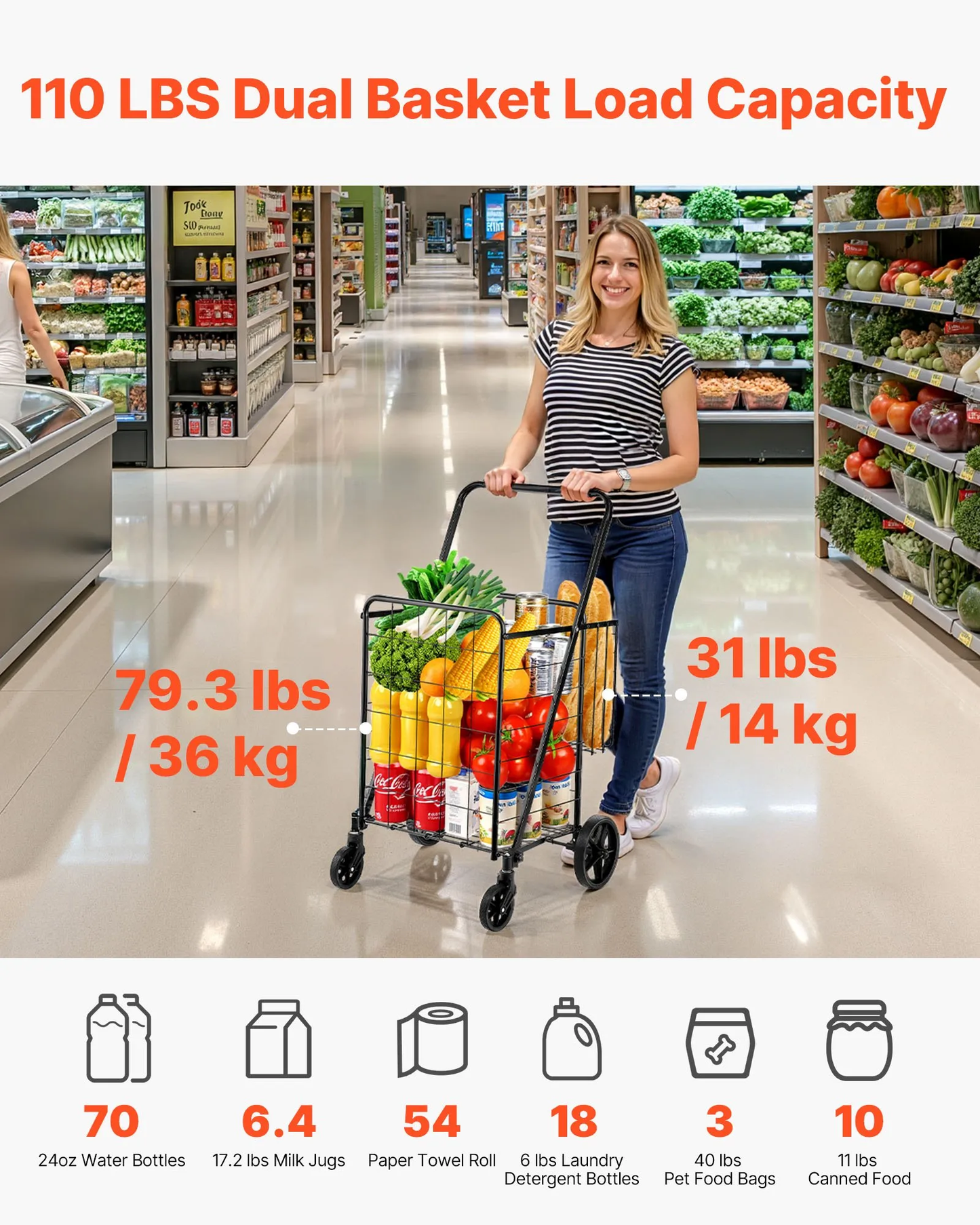 VEVOR Folding Shopping Cart, Jumbo Grocery Cart with Double Baskets, 360° Swivel Wheels, -$45