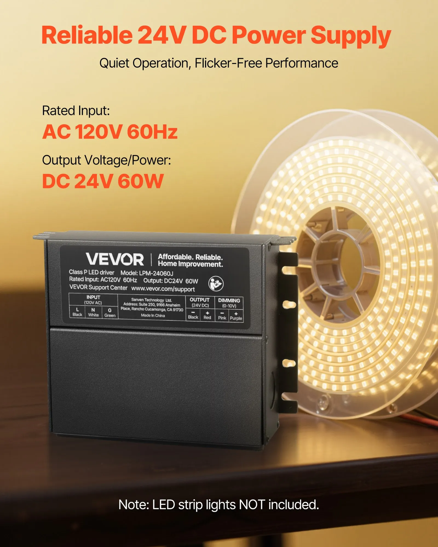 VEVOR 60W Dimmable LED Driver, 24V, Triac/ELV/MLV AC to DC Power Supply Transformer,-$35