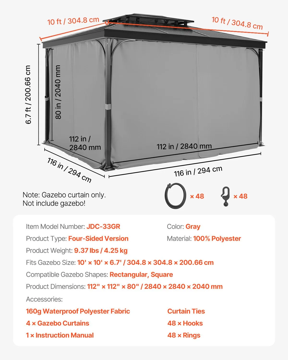 VEVOR Gazebo Curtains Outdoor, Fit Most 10' x 10' x 6.7' Gazebos, 4-Panel Sidewall ,-$40