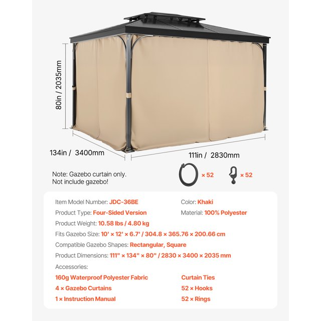 VEVOR Gazebo Privacy Curtain 12' x 10' x 6.7' Waterproof Gazebo Curtains Khaki,-$70