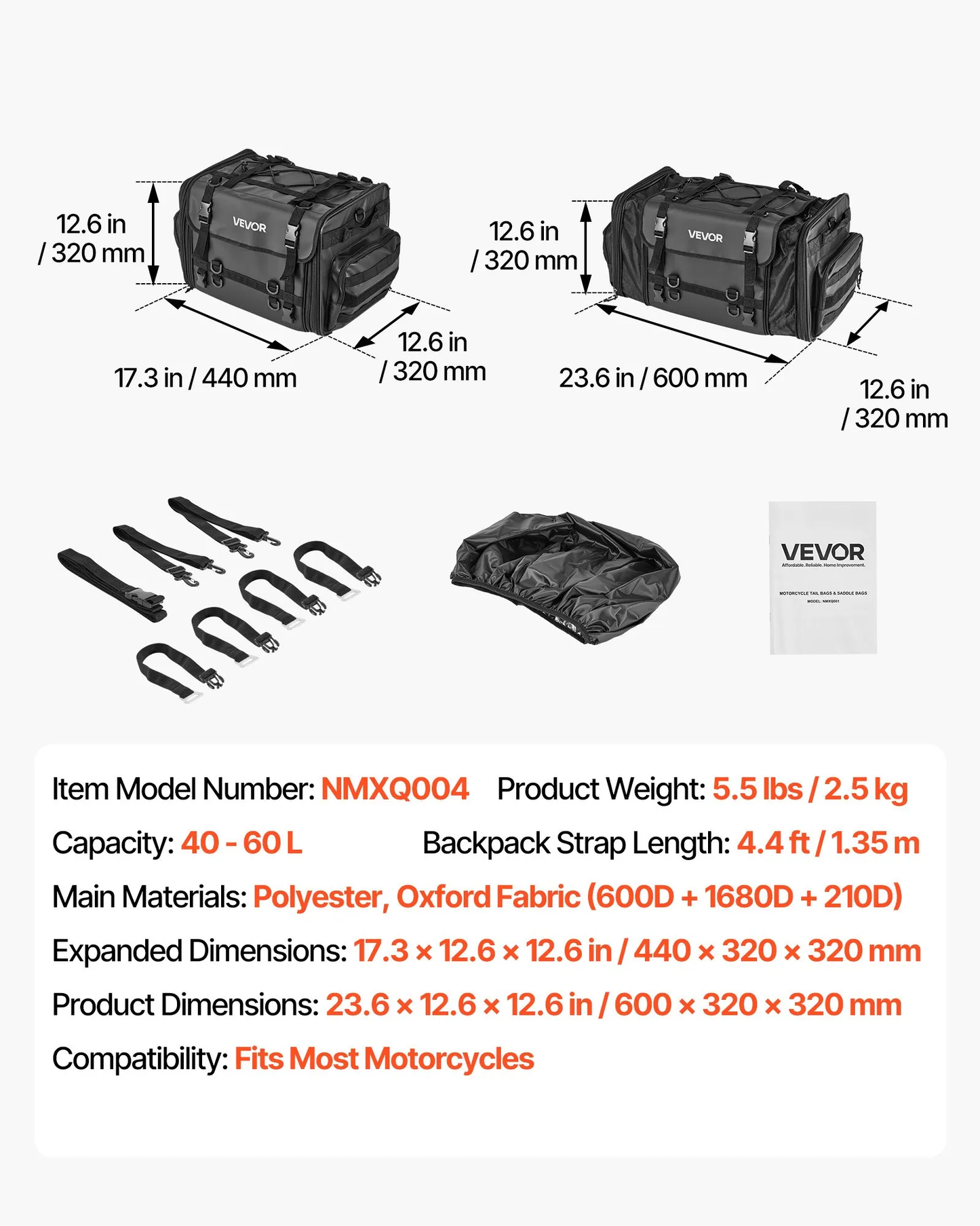 VEVOR Motorcycle Tail Bag, 40-60 L Expandable Motorcycle Rear Seat Bag w/ Waterproof Cover,-$55