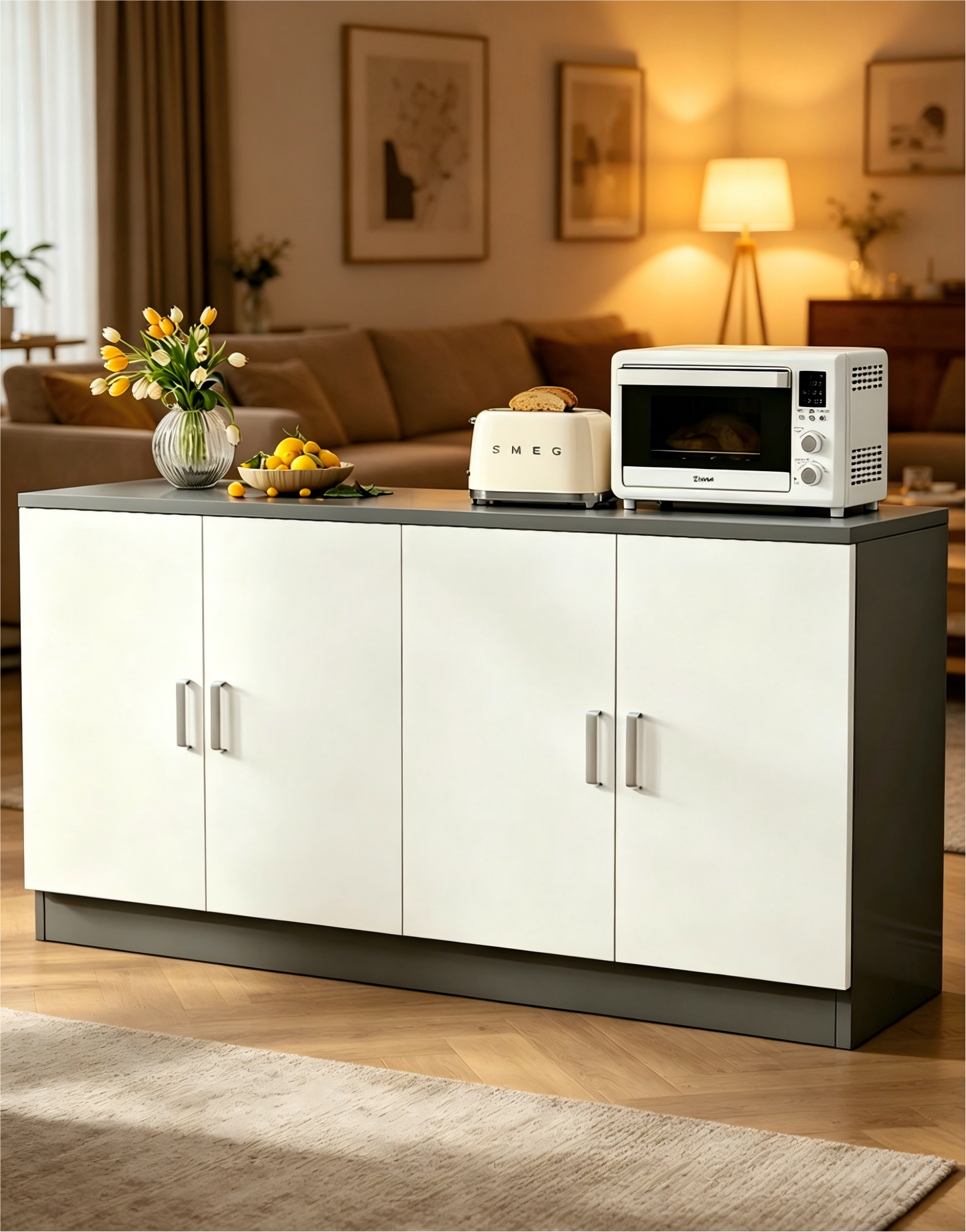 Brand New Assembled 4-door Sideboard Cabinet w/1 Adjustable Shelf, Storage Cupboard (Gray & White),-$160