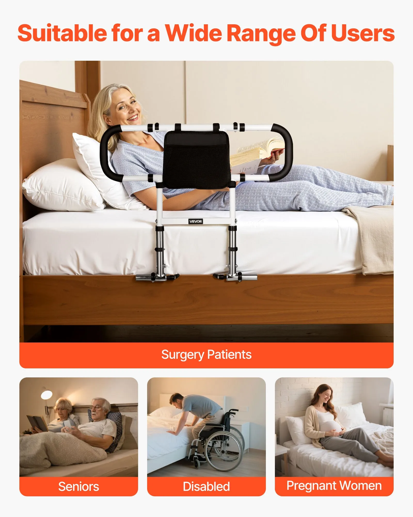 VEVOR Foldable Extendable Bed Assist Rail with Side PU Handles, Height Adjustable Carbon Steel,-$35
