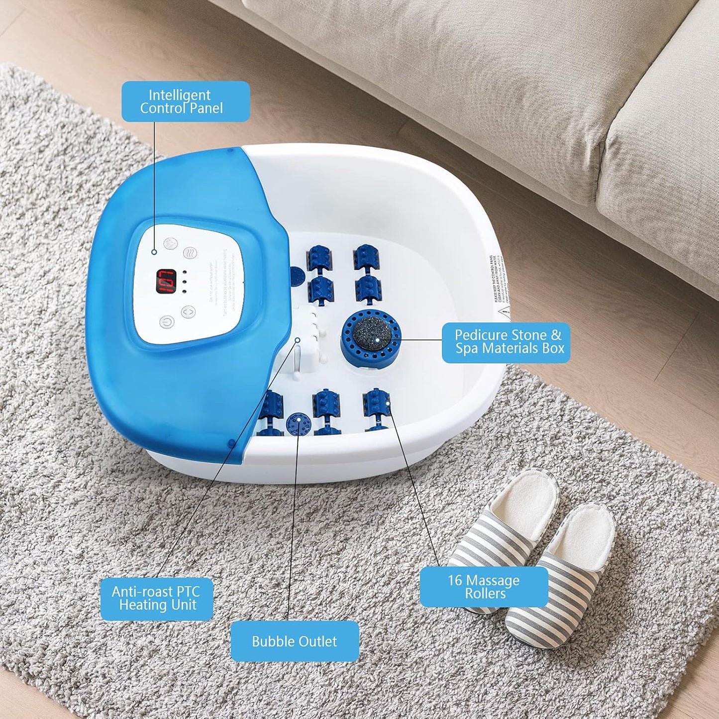 BNIB-Foot Spa Bath Massager with Fast Heating,Pumice Stone, and 16 Removable Massage Rollers,