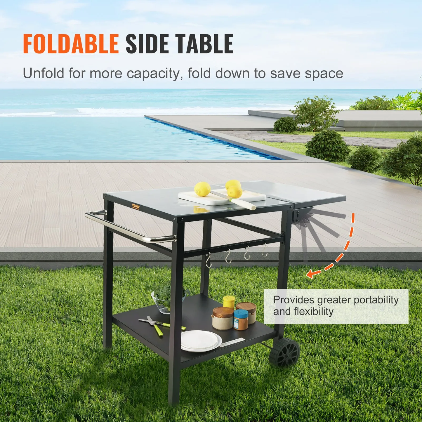 VEVOR Outdoor Grill Dining Cart with Double-Shelf, BBQ Movable Food Prep Table,-$75