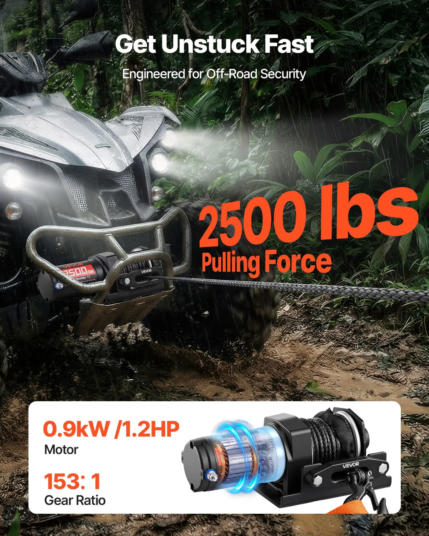 VEVOR 2500 lbs Electric Winch, 12V DC ATV/UTV Winch with Φ0.19 in x 39.4 ft Synthetic Rope,-$65