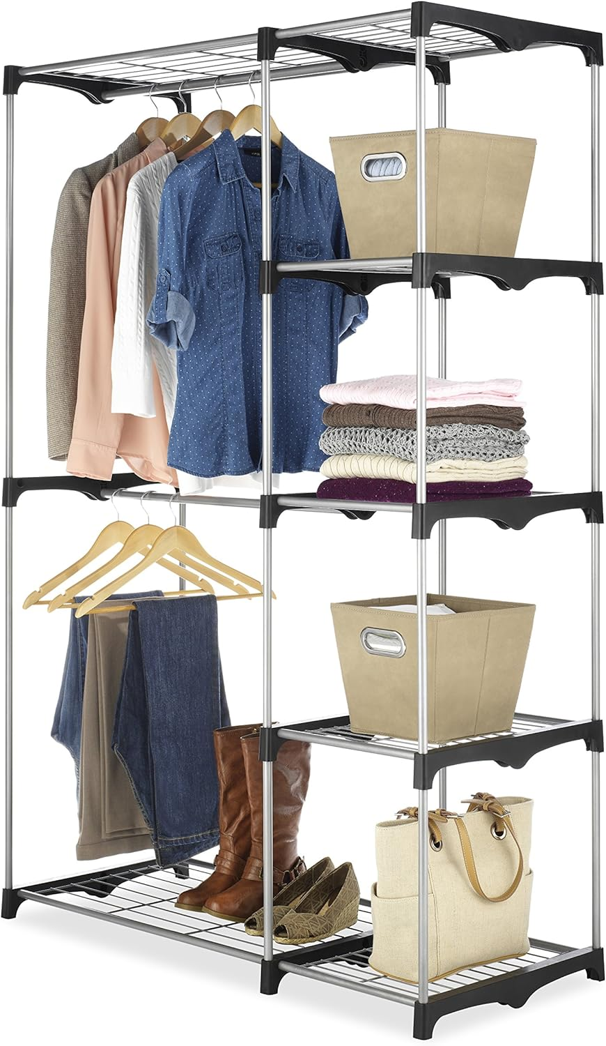 Brand New Amazon Basics Double Rod Closet,Freestanding Wardrobe, Coat Rack, Shoe Rack, Silver