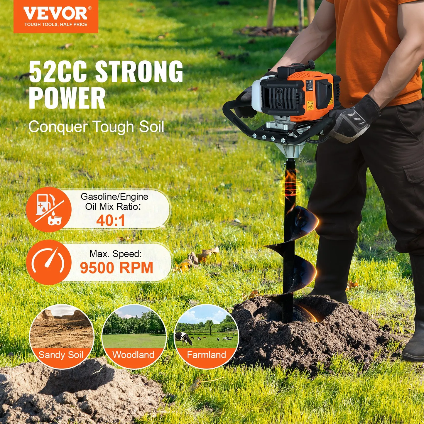 VEVOR Post Hole Digger Gas Powered, 52CC 1450W Earth Auger, Gas Auger with 8” Auger Drill,-$120