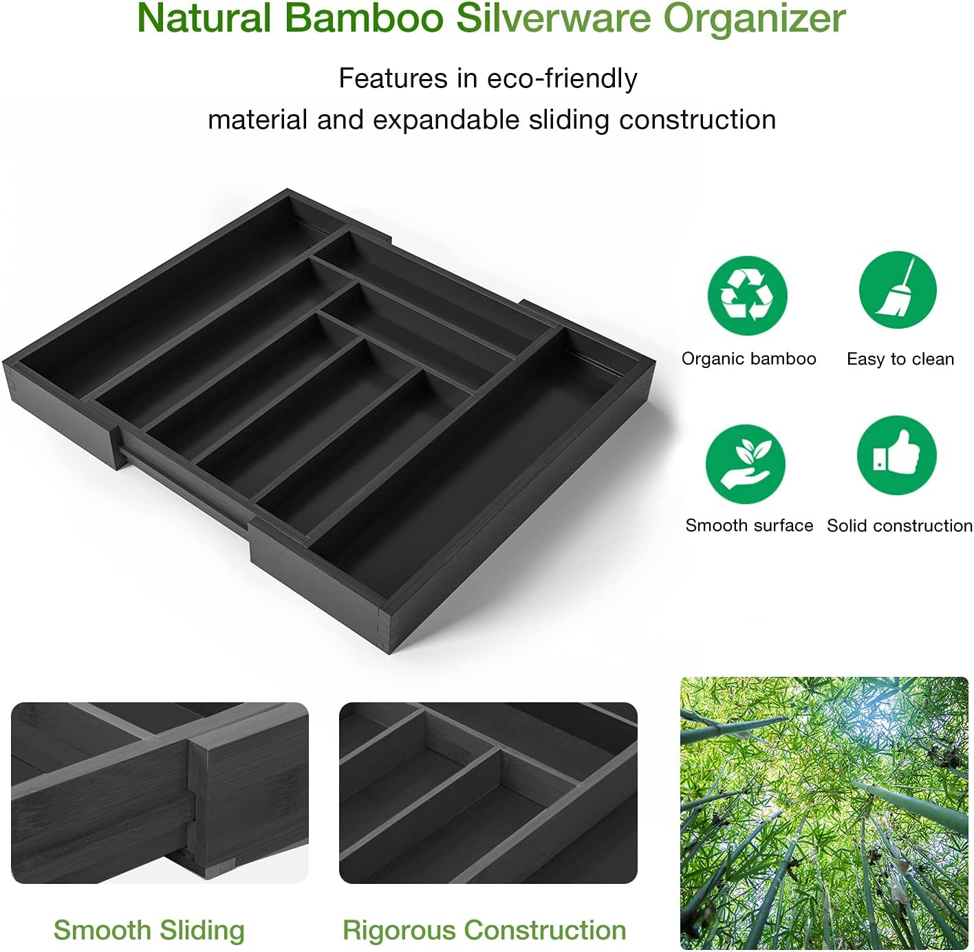 BNIB-Bamboo Expandable Drawer Organizer for Utensils Holder, Adjustable Cutlery Tray, (Black)-$20