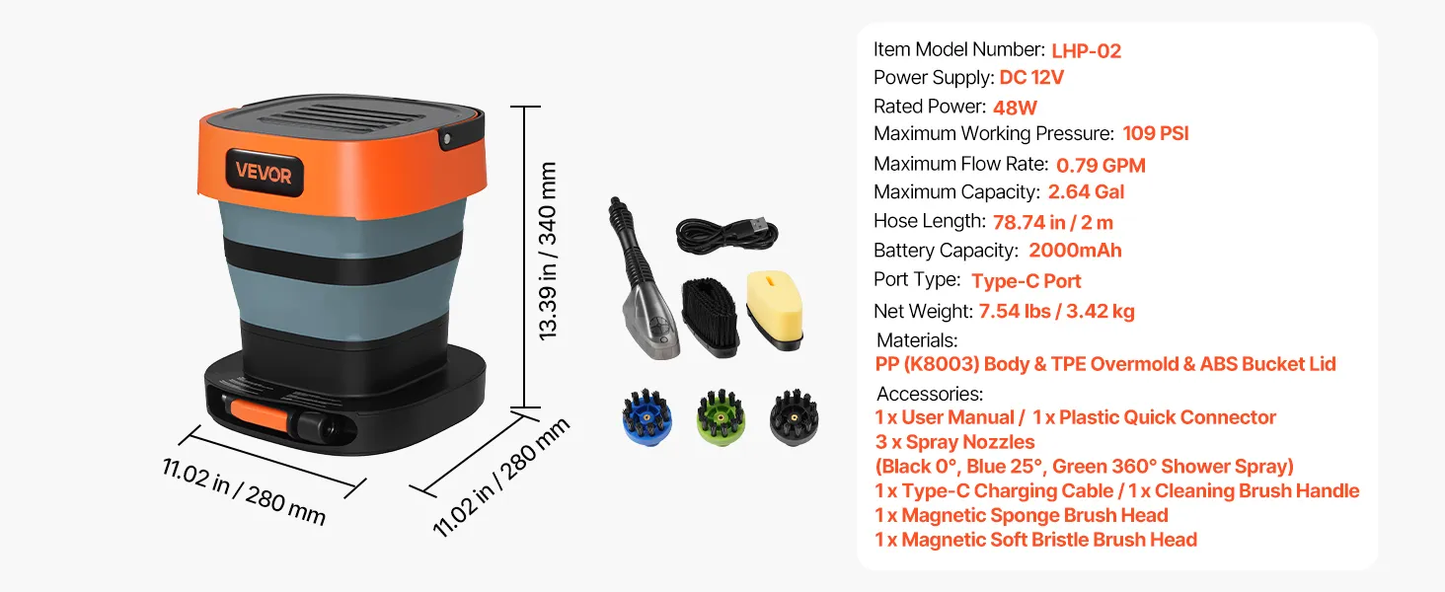 VEVOR Portable Cordless Pressure Washer with 2.64 Gal Tank, Foldable Power Washer 109 Max PSI,-$70