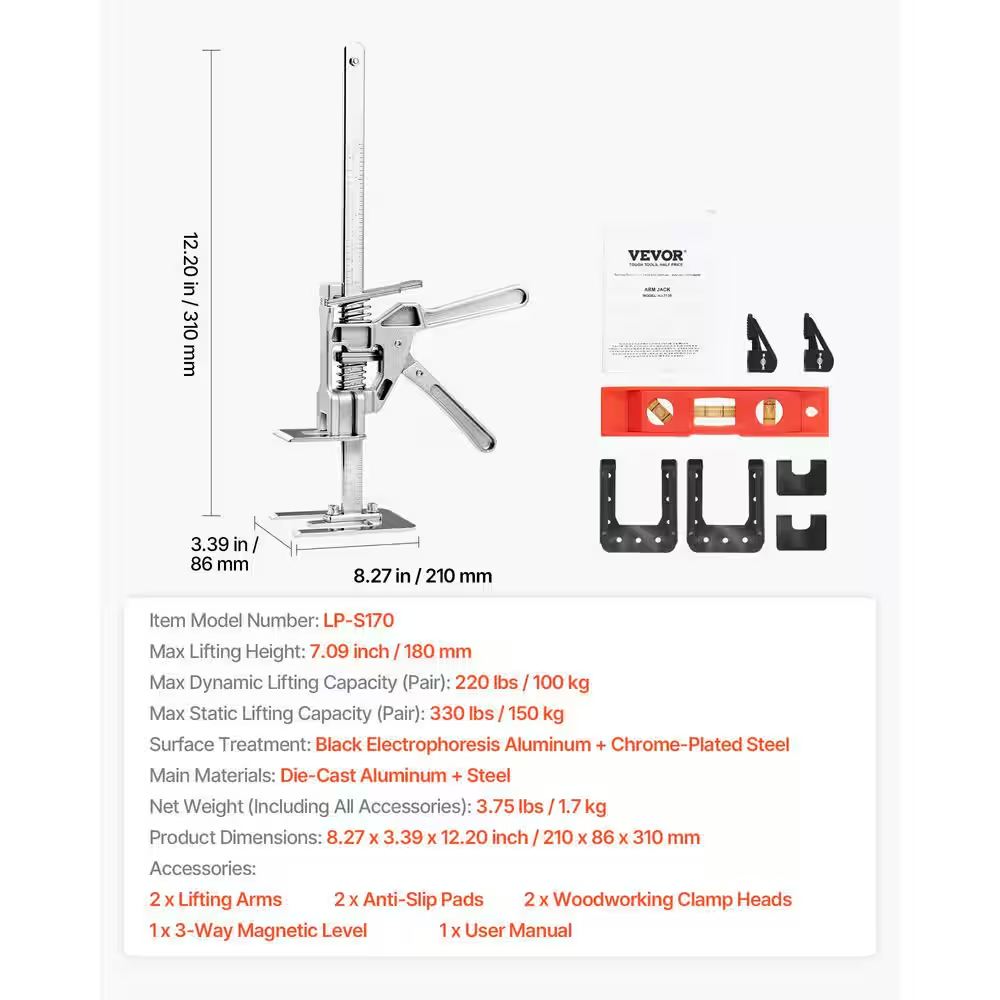 VEVOR Labor Saving Arm Jack, 2-Pieces 330 lbs. Bearing Capacity, Lifting up to 7.1 in. Metal Hand Lifting,-$35