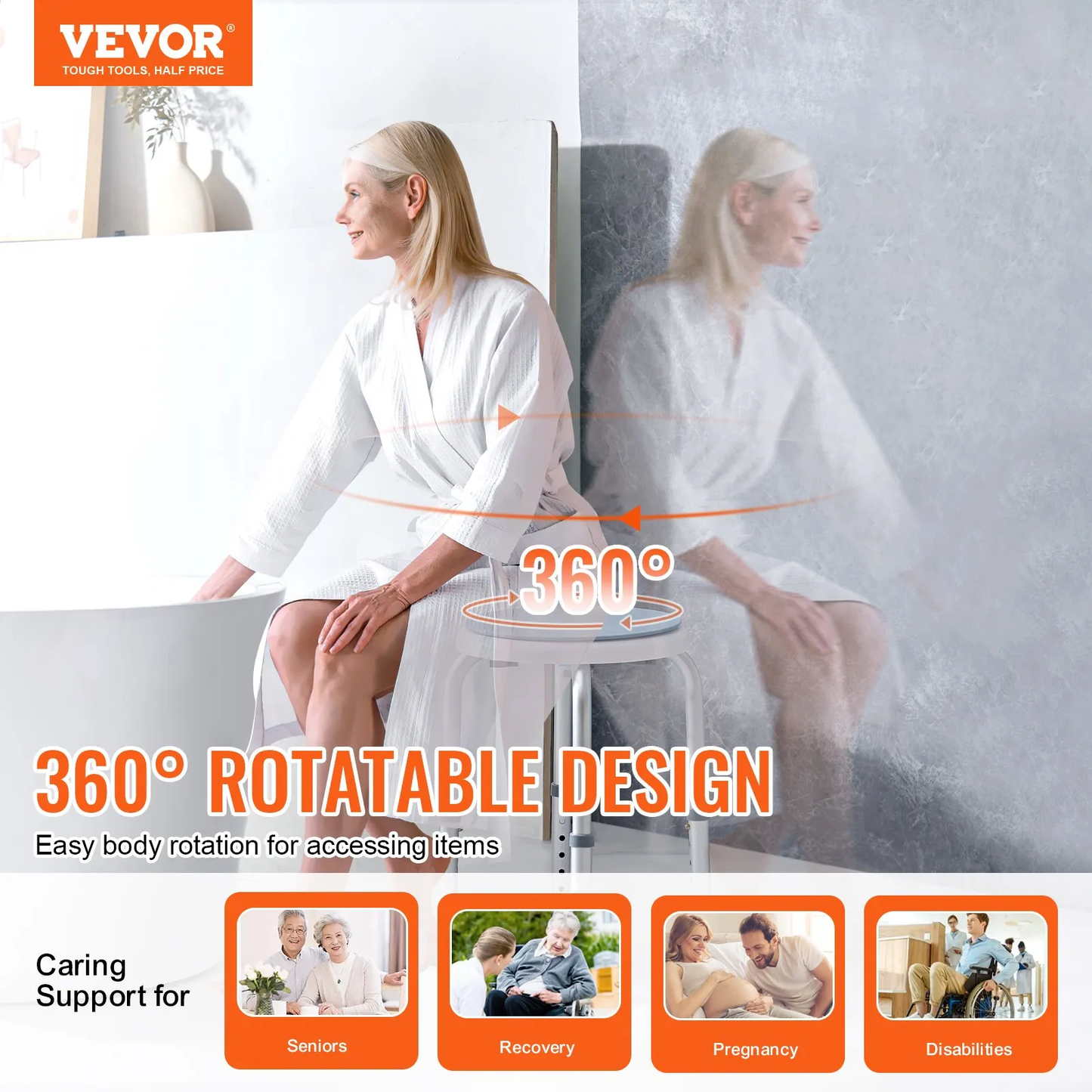 VEVOR Shower Chair 360 Degree Rotating, Adjustable Height Shower Stool Seat, for Inside Shower,-$25
