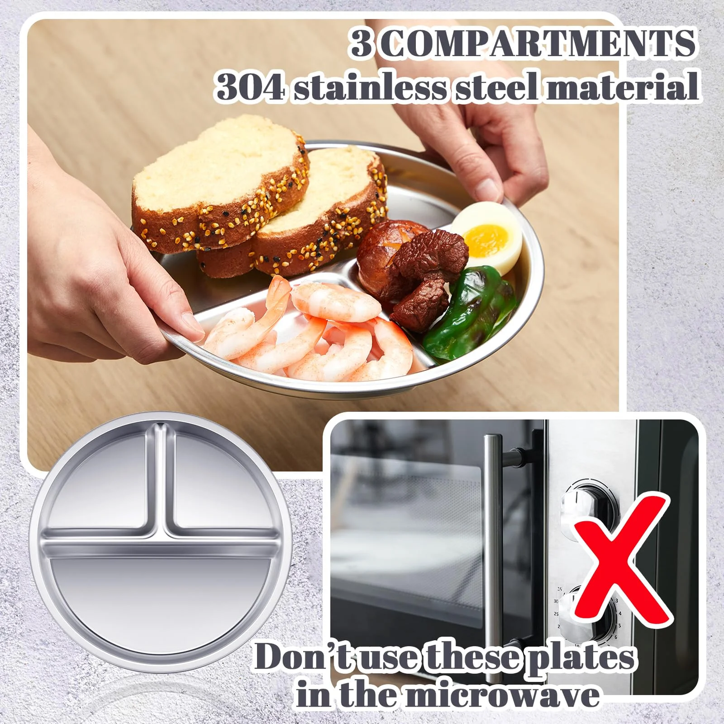 BNIB-2 Pcs Stainless Steel Portion Control Plate 3 Compartment Plate for Adults Kids Lunch Dinner,-$10