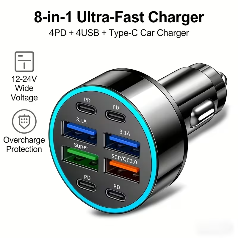 BNIB-100W 8-Port Fast Car Charger | 4 PD + 4 USB Multi Port Car Charging Hub, 12-24V Wide Voltage,-$10