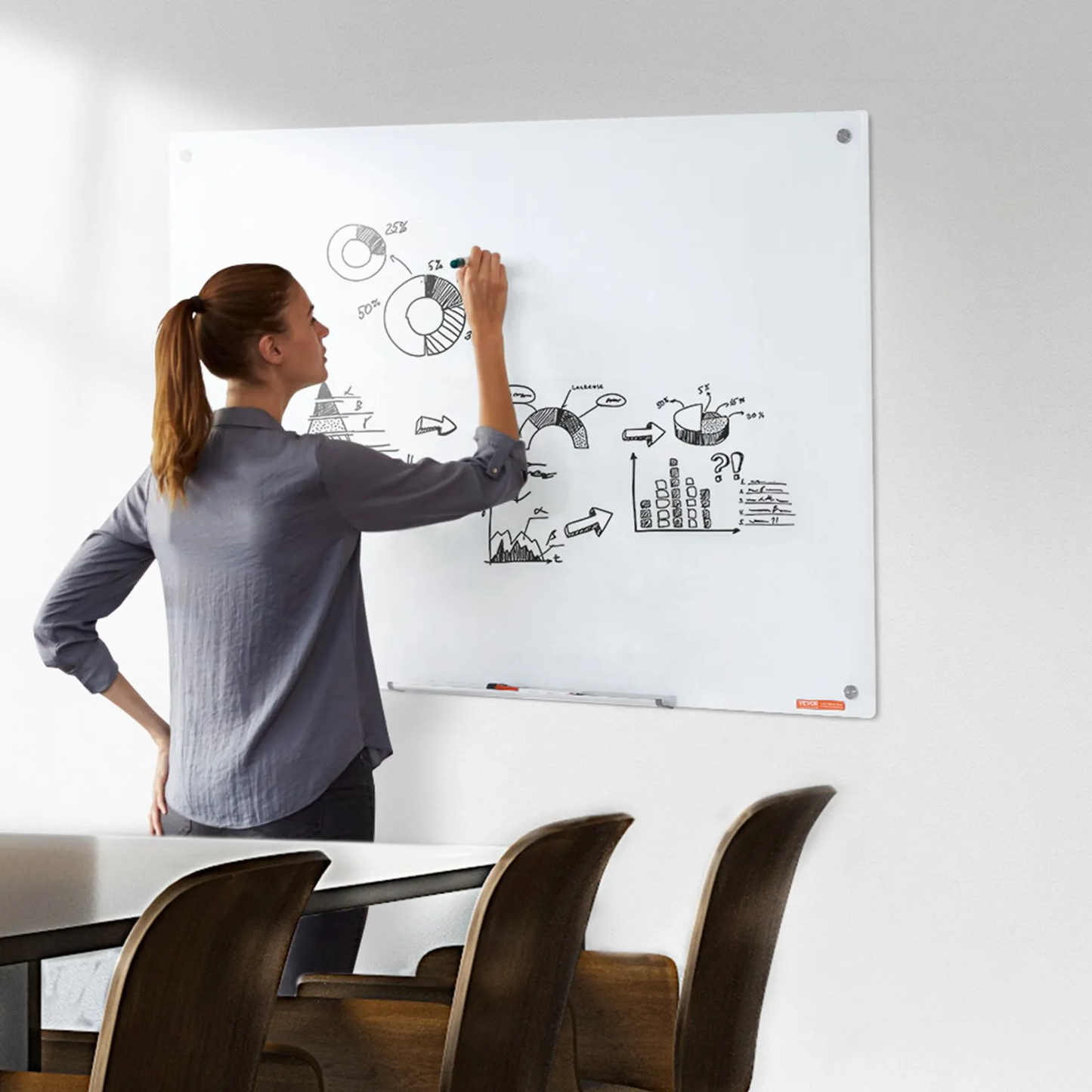 VEVOR Magnetic Glass Whiteboard, Dry Erase Board 48"x32", Wall-Mounted Large White Glassboard Frameless,-$80