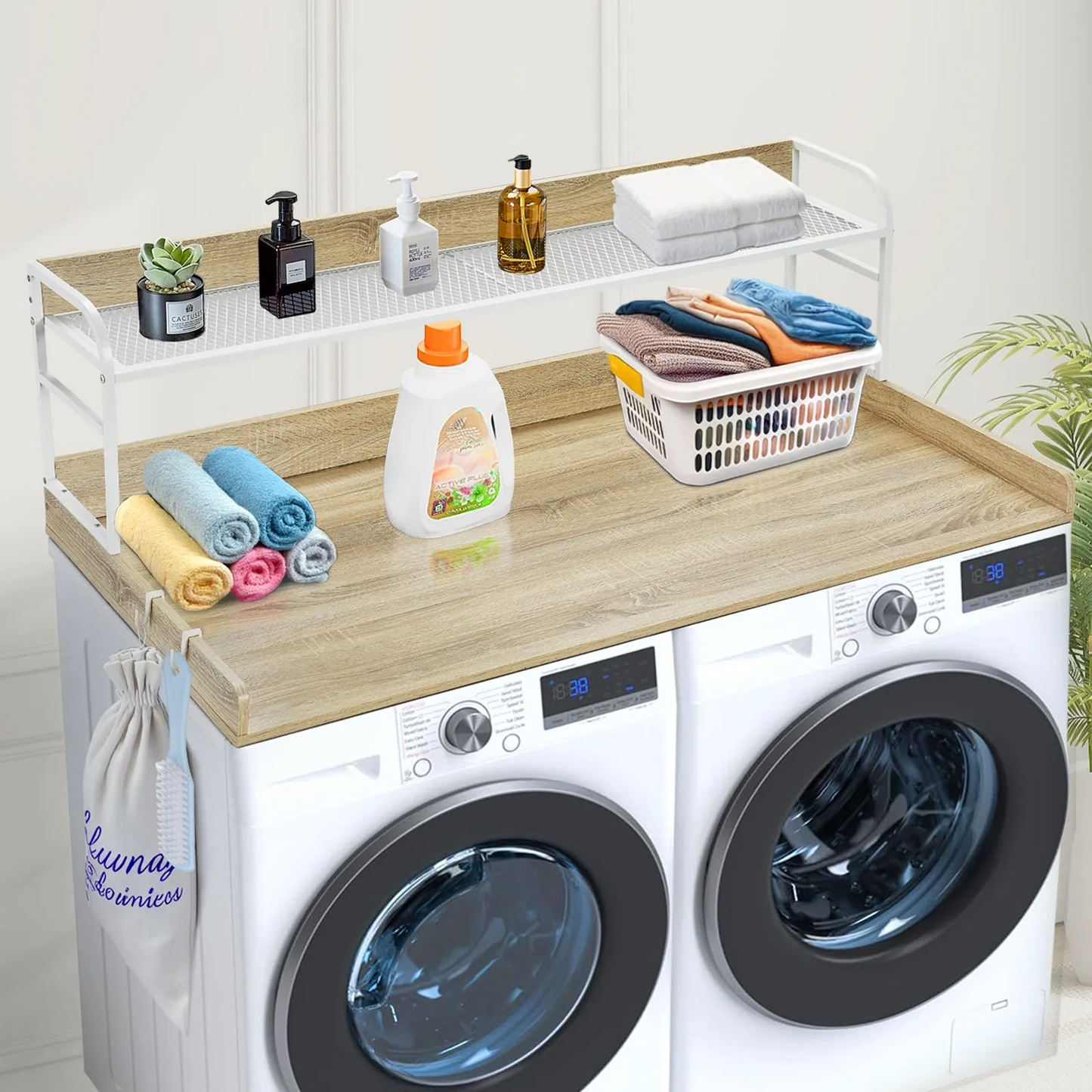 VEVOR Washer Dryer Countertop with 2-Tier Shelf, 54" x 27" Wooden Washer and Dryer Countertop