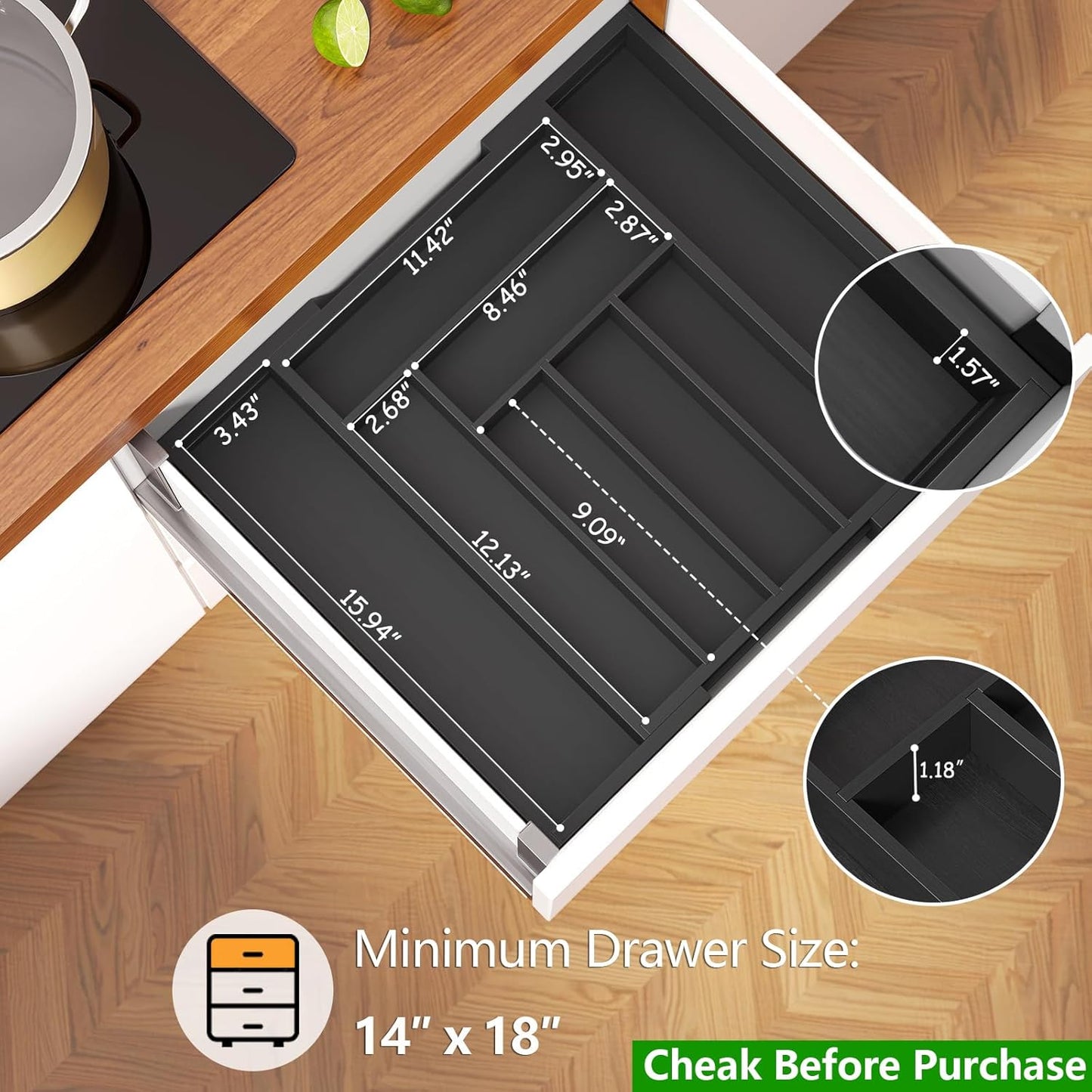 BNIB-Bamboo Expandable Drawer Organizer for Utensils Holder, Adjustable Cutlery Tray, (Black)-$20